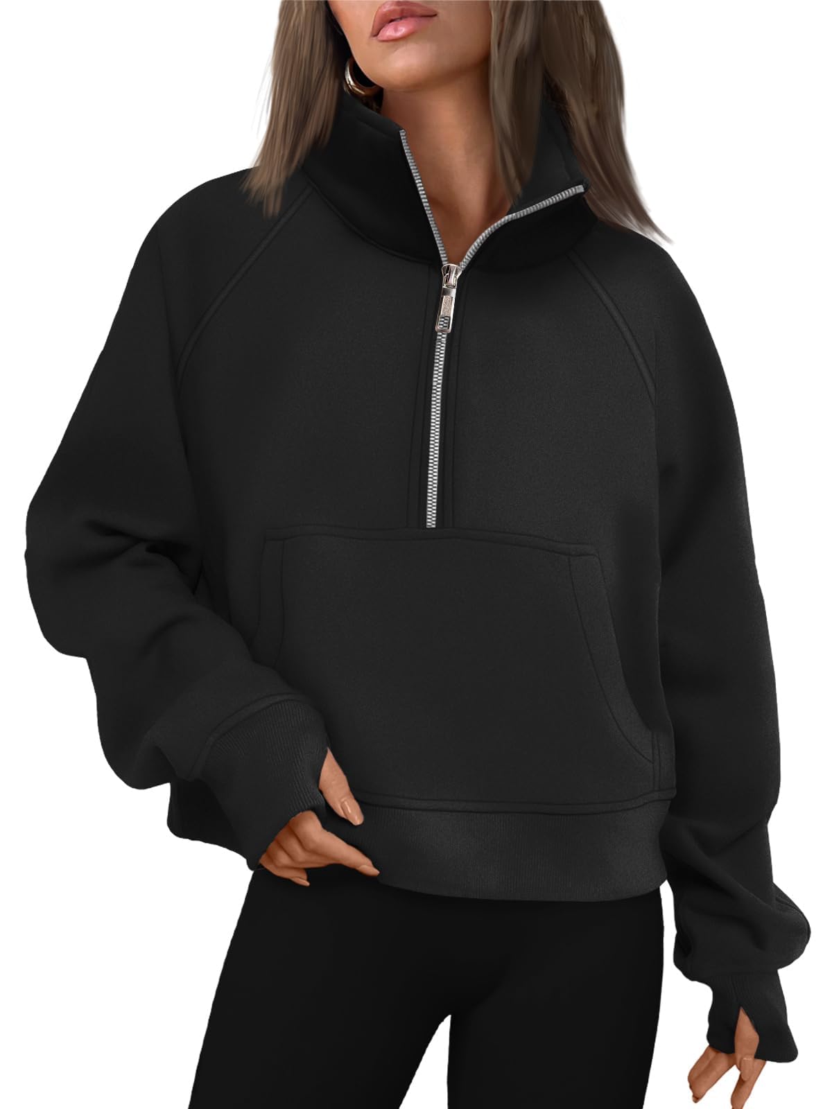 Women's Half Zip Cropped Fleece Hoodie - Quarter Zipper Pullover Sweatshirt with Thumb Holes | Fall Fashion Long Sleeve Top for Casual Wear, Workouts & Outdoor Activities