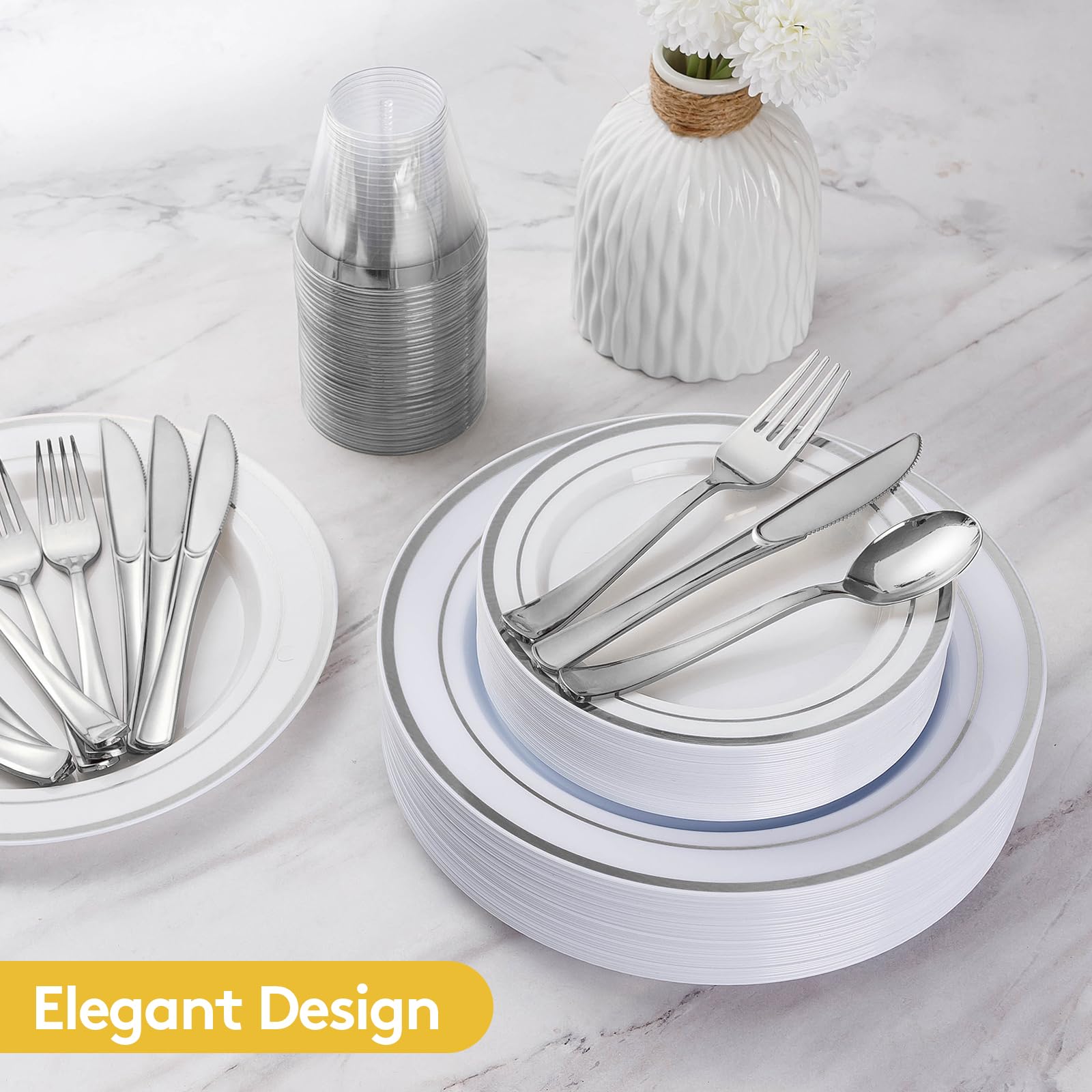 Goodluck 300-Piece Disposable Silver Plastic Dinnerware Set - 50 Dinner Plates, 50 Salad Plates, 50 Spoons, 50 Forks, 50 Knives & 50 Cups - Elegant Party Tableware for Weddings, Birthdays, Catering & Events