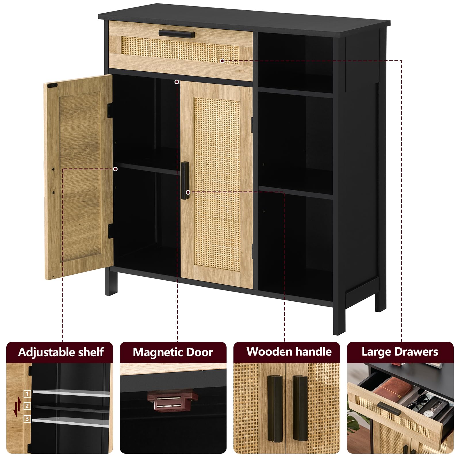WEENFON Rattan Storage Cabinet with Drawer & Doors - Adjustable Shelves Sideboard Buffet Cabinet for Living Room, Entryway, Hallway - Black & Natural Wood Floor Cabinet for Home Organization & Decor