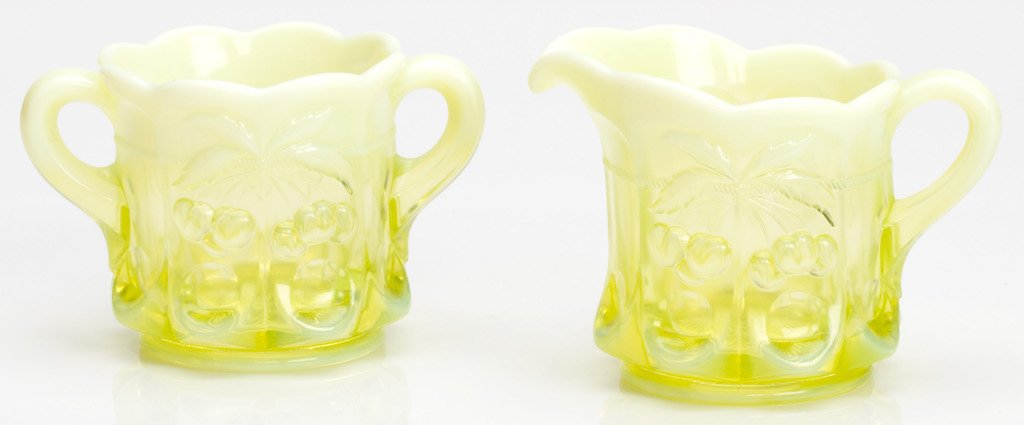 Vintage Mosser Glass Creamer & Sugar Set - Cherry & Cable Pattern in Yellow (Glow Glass) for Coffee & Tea Service | Perfect for Farmhouse, Cottagecore, and Vintage Home Decor