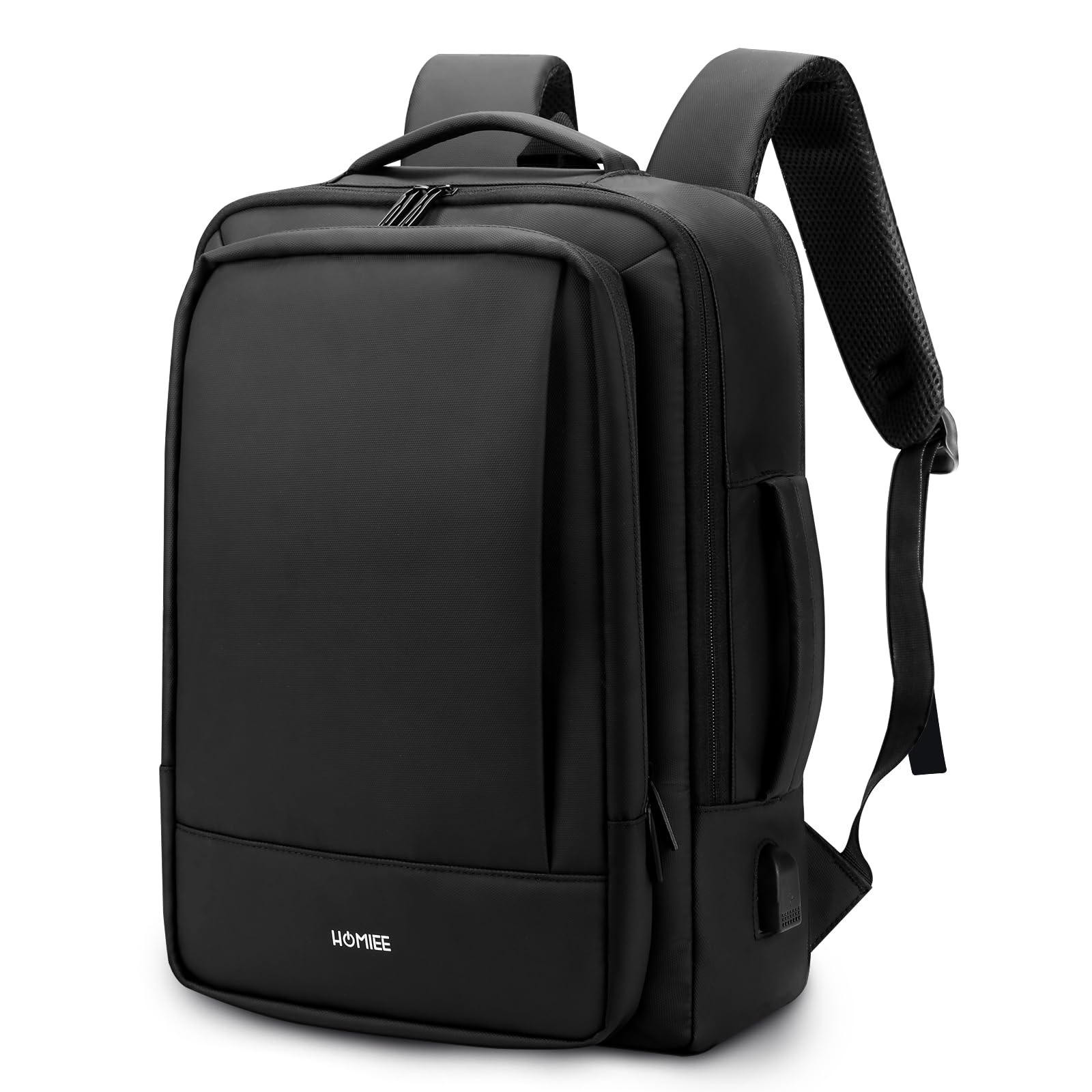 HOMIEE 15.6 Inch Expandable Laptop Backpack with USB Charging Port - Waterproof Travel Backpack for Men & Women - Durable Business & College Backpack for Work, School & Commuting - Black