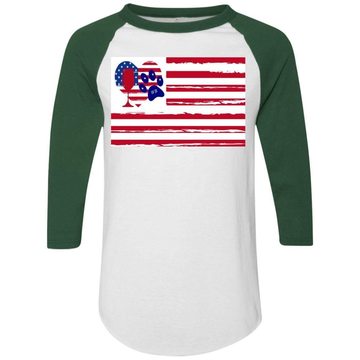American Flag Wine Paw Heart Colorblock Raglan Jersey - Patriotic Comfort Wear for Casual Outings & Wine Tasting Events