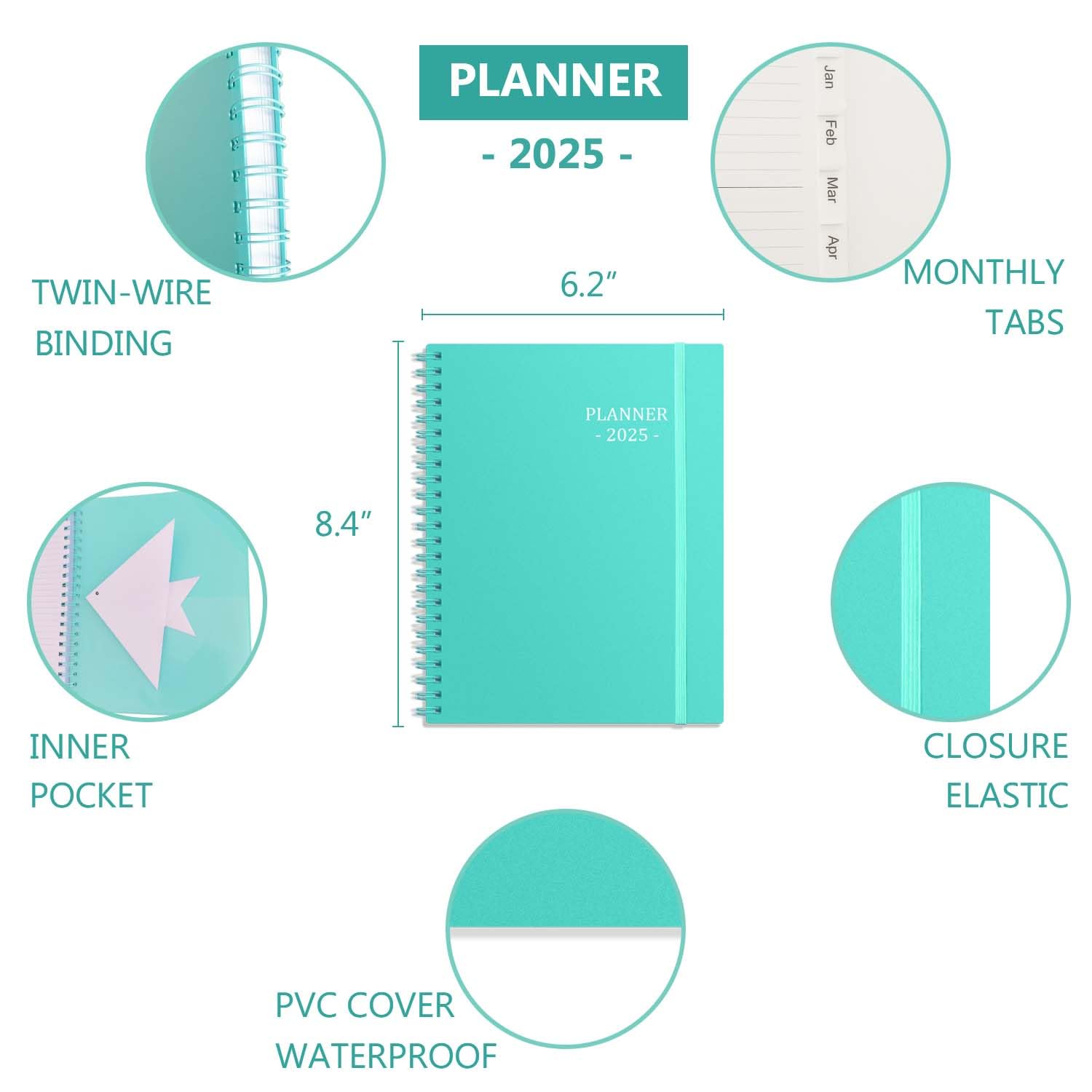 2025 Planner - Tiankool Weekly & Monthly Organizer with 12 Tabs, Elastic Closure, Inner Pocket (Jan-Dec 2025, 5.8