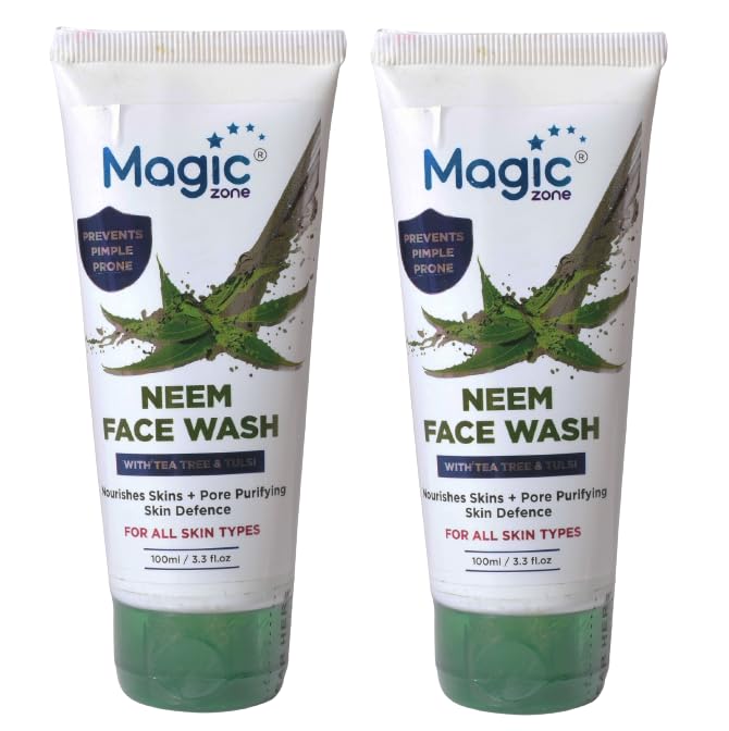 Magic Zone Neem Pimple Control Face Wash - Pack of 2 Tubes (100ML Each) | Acne Treatment for All Skin Types | Prevents Breakouts & Reduces Dark Circles | Daily Cleanser for Oily, Dry & Sensitive Skin