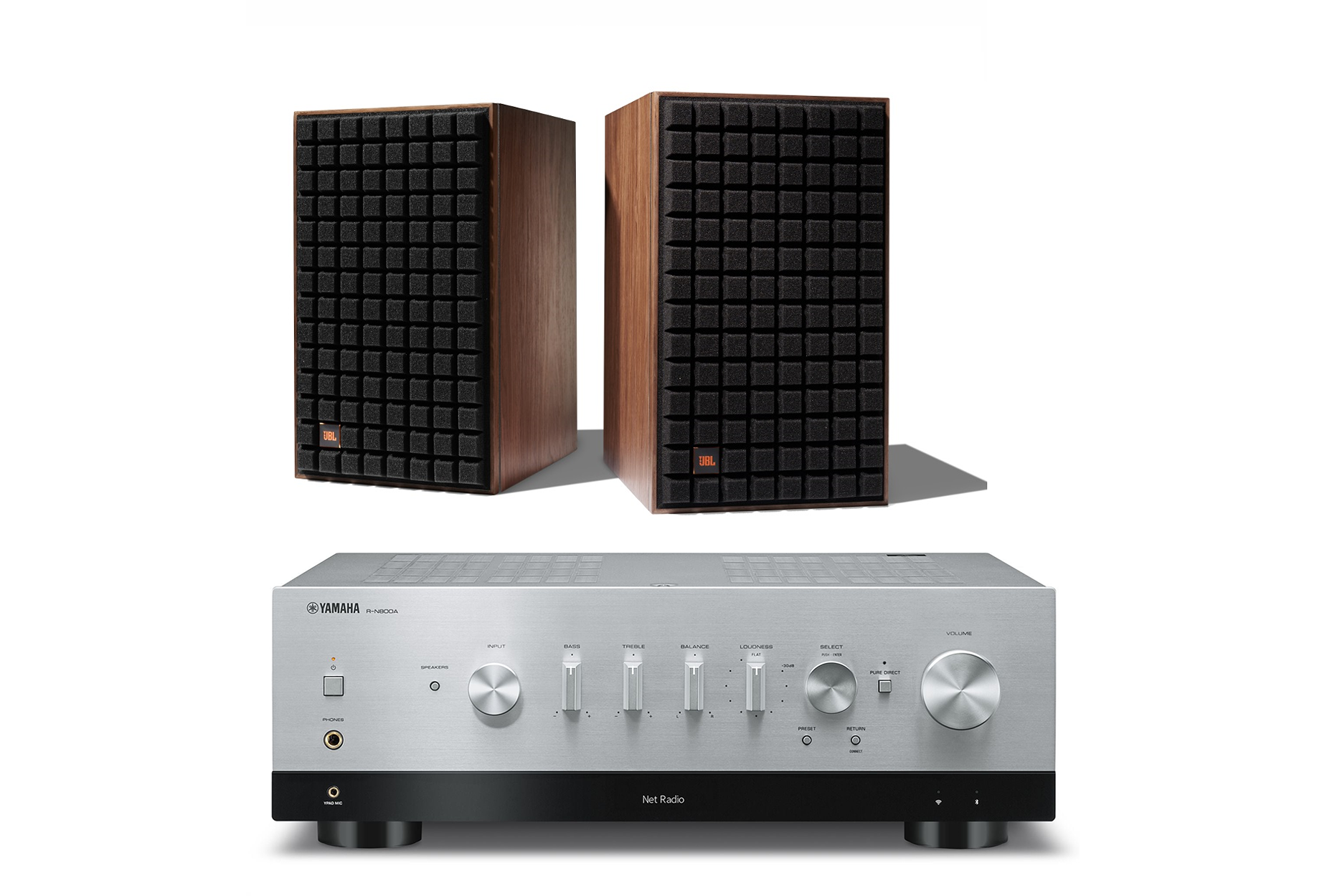JBL L82 Classic 8 Inch 2-Way Bookshelf Speakers Pair with Yamaha R-N800A Stereo Network Receiver Bundle - Perfect for Home Theater & Music Listening