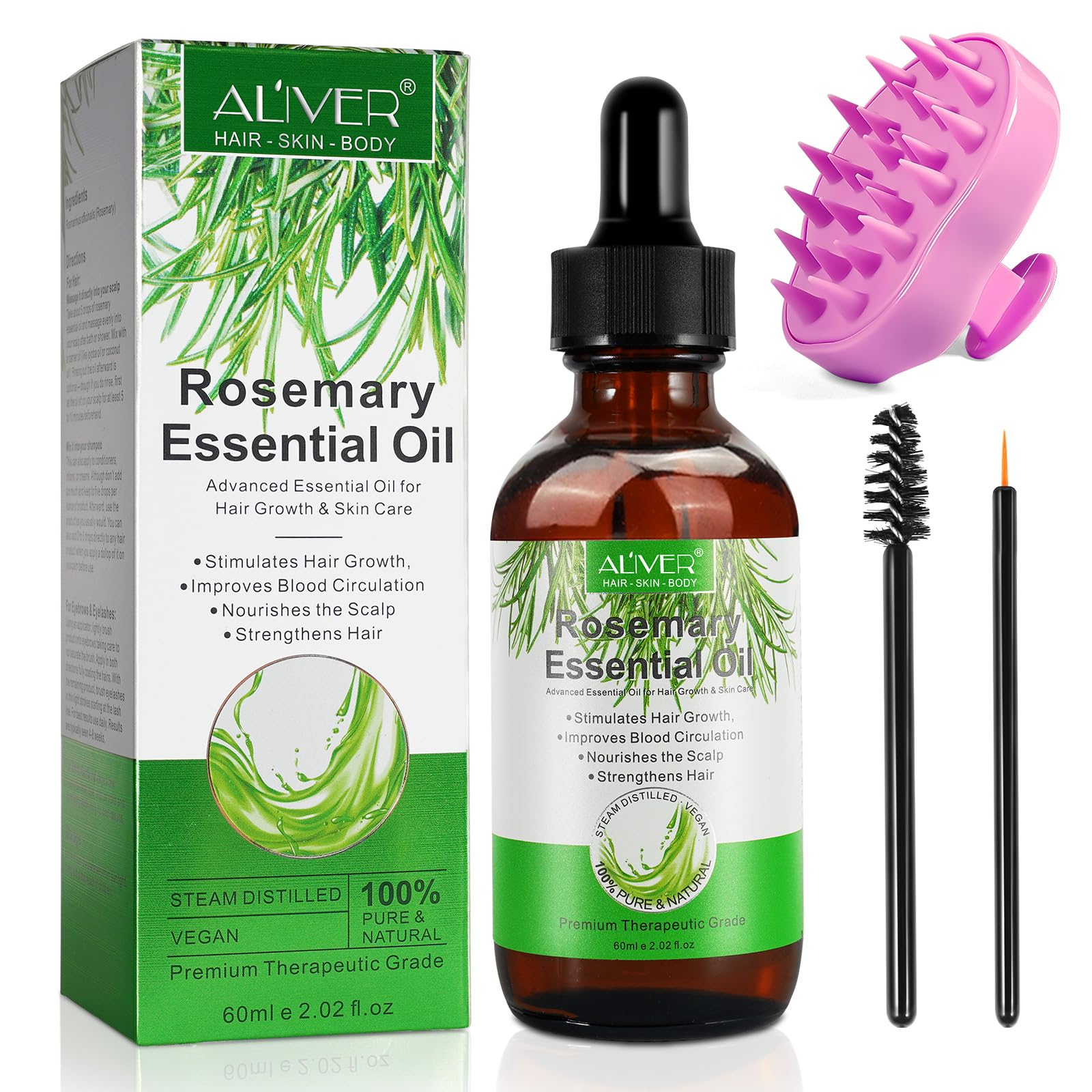 Organic Rosemary Oil for Hair Growth & Scalp Care - Stimulates Hair Growth, Reduces Hair Loss, Nourishes Scalp - Includes Massage Comb - 60ml - Perfect for Thinning Hair, Dry Scalp & Daily Hair Care Routine