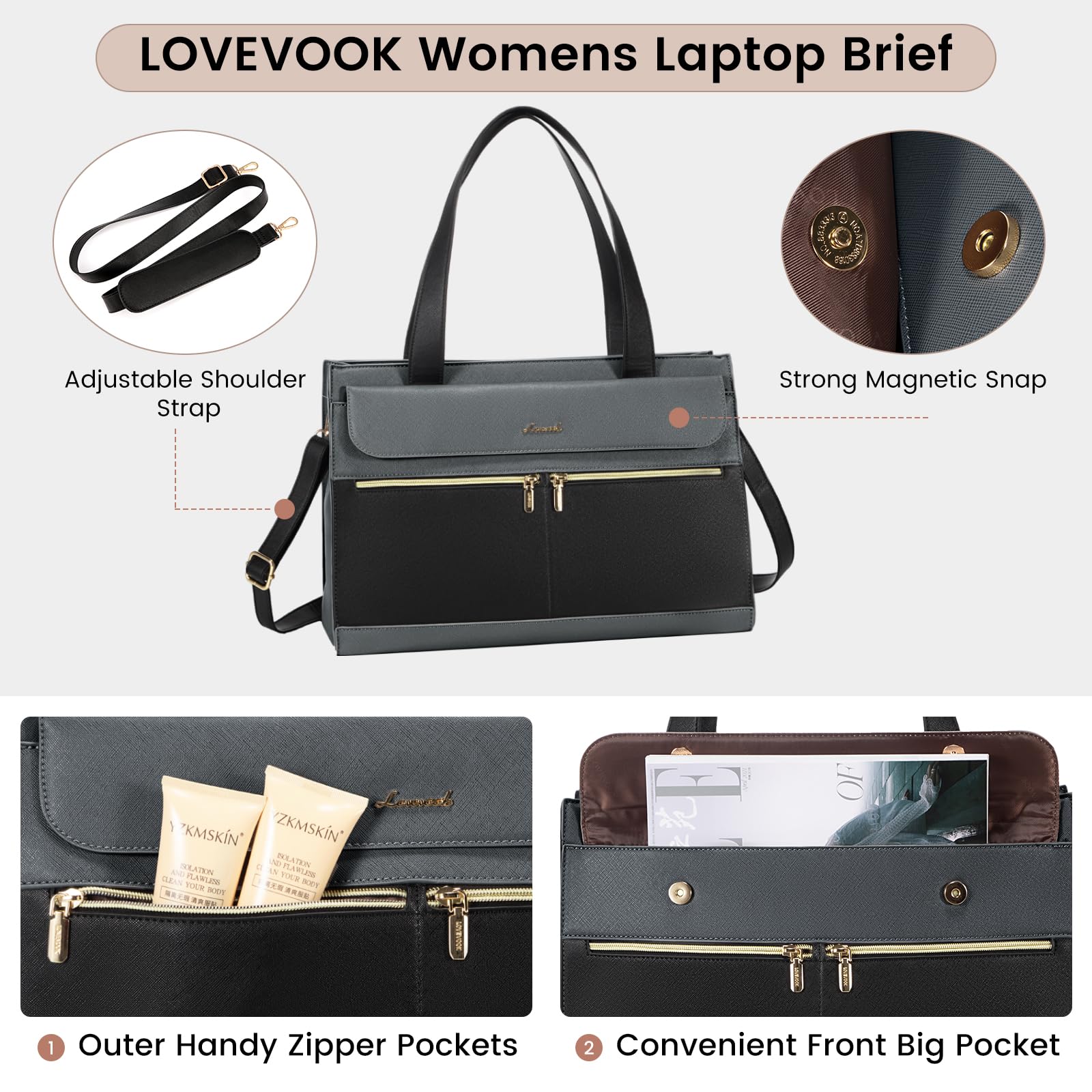 LOVEVOOK 15.6 Inch Leather Laptop Tote Bag for Women - Waterproof Professional Computer Briefcase with Large Capacity - Business Office Shoulder Bag for Work, Travel & School - Crossbody Purse for Teachers & Professionals