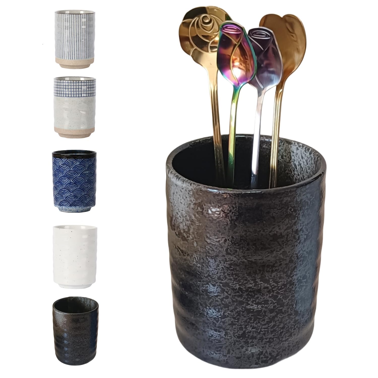 Retro Black Stoneware Coffee Spoon Holder - Tea Spoon & Stir Stick Organizer for Coffee Bar, Kitchen, or Office | Small Utensil Jar for Coffee Stirrers, Teaspoons & Accessories | Perfect for Home Brewing, Tea Parties & Barista Stations