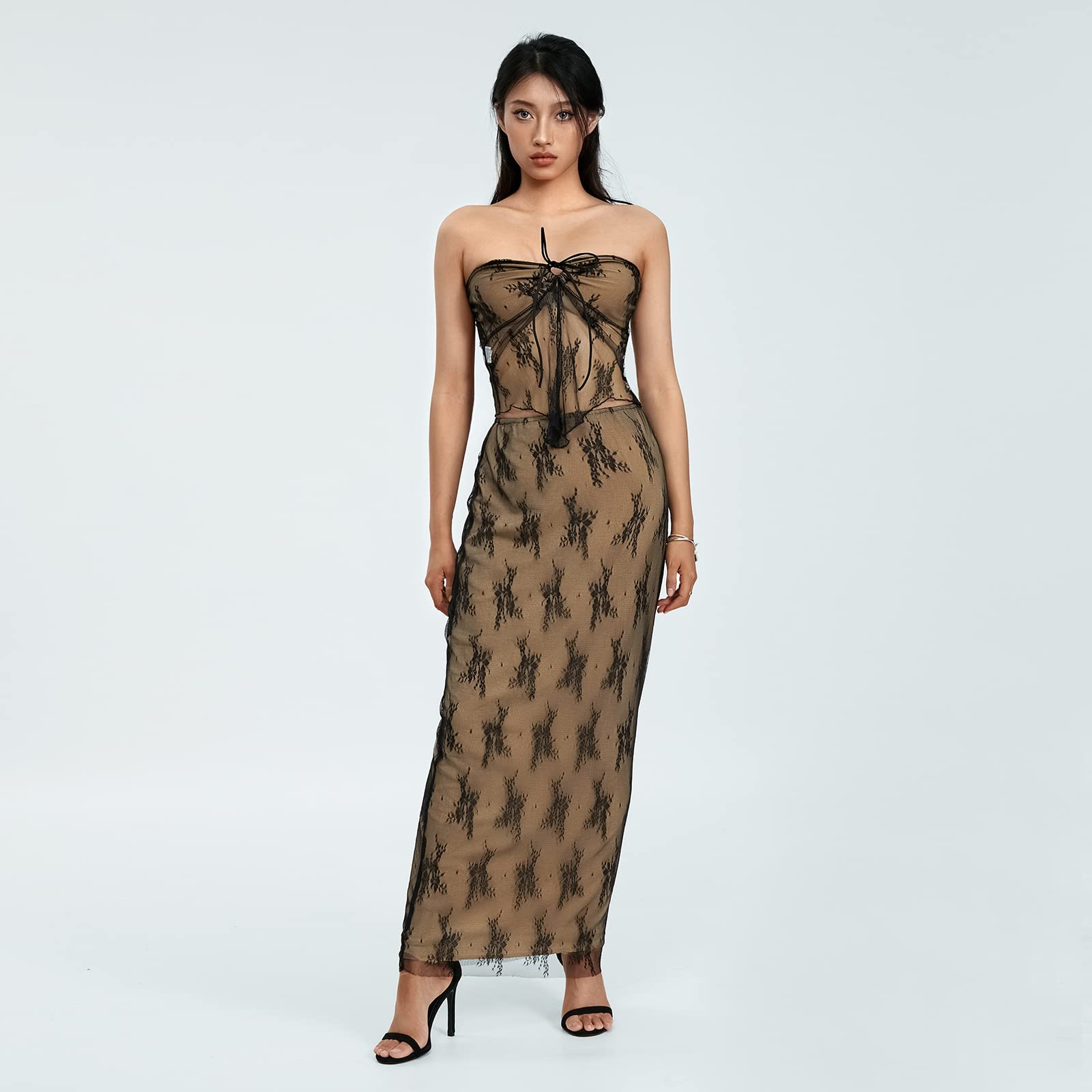 Sexy Y2K Women's Two Piece Set - Lace Tube Top & Maxi Skirt Summer Outfit for Party, Club & Streetwear | Slim Fit Fashion for Beach Vacations & Night Out