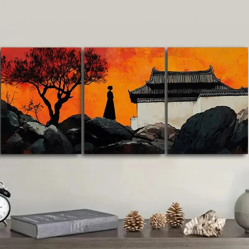 3-Piece Vibrant Sunset Silhouette Metal Wall Art - Ready to Hang Home Decor for Living Room, Bedroom & Office