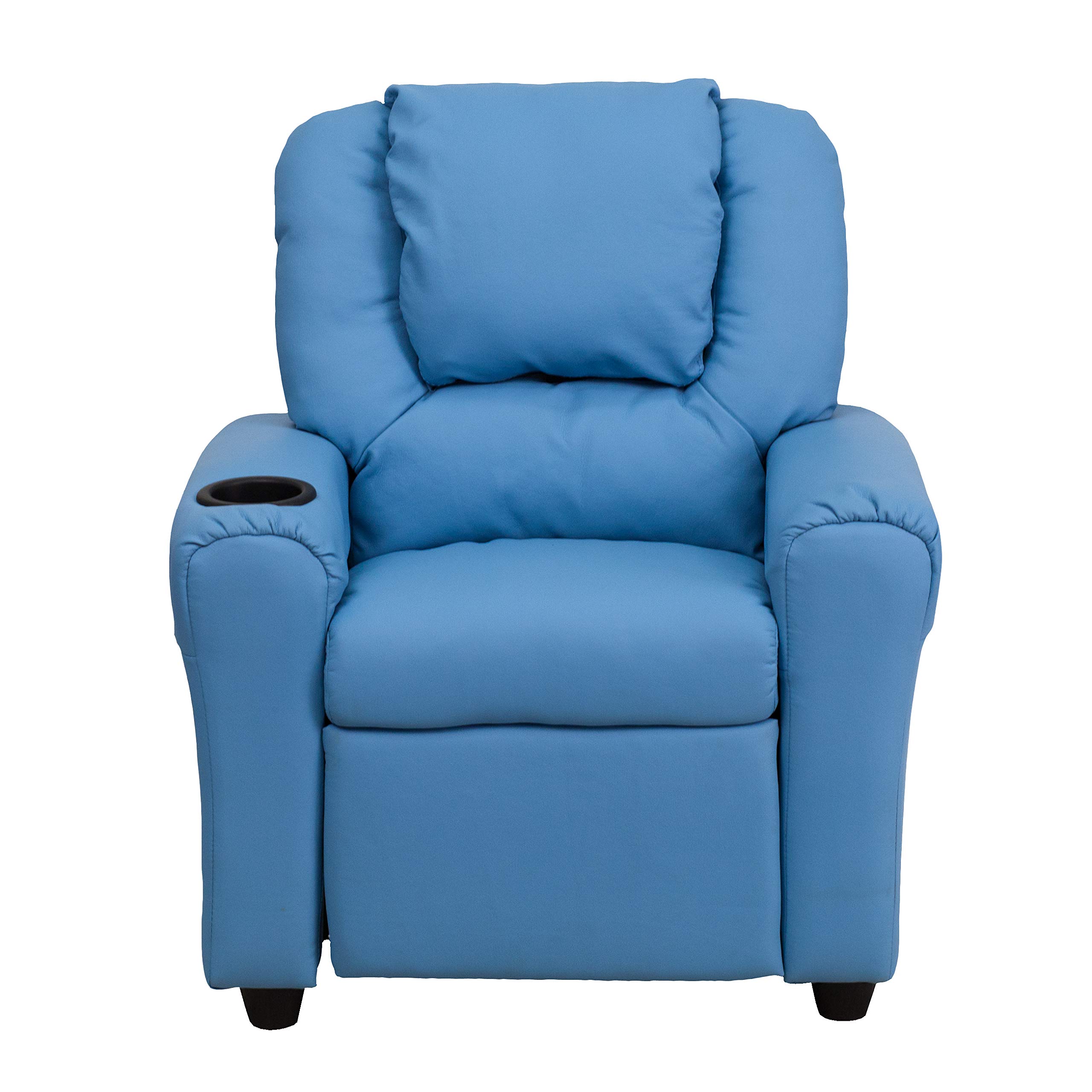 Light Blue Vinyl Kids Recliner Chair with Cup Holder & Headrest - Comfortable Lounge Chair for Children's Bedroom, Playroom or TV Room