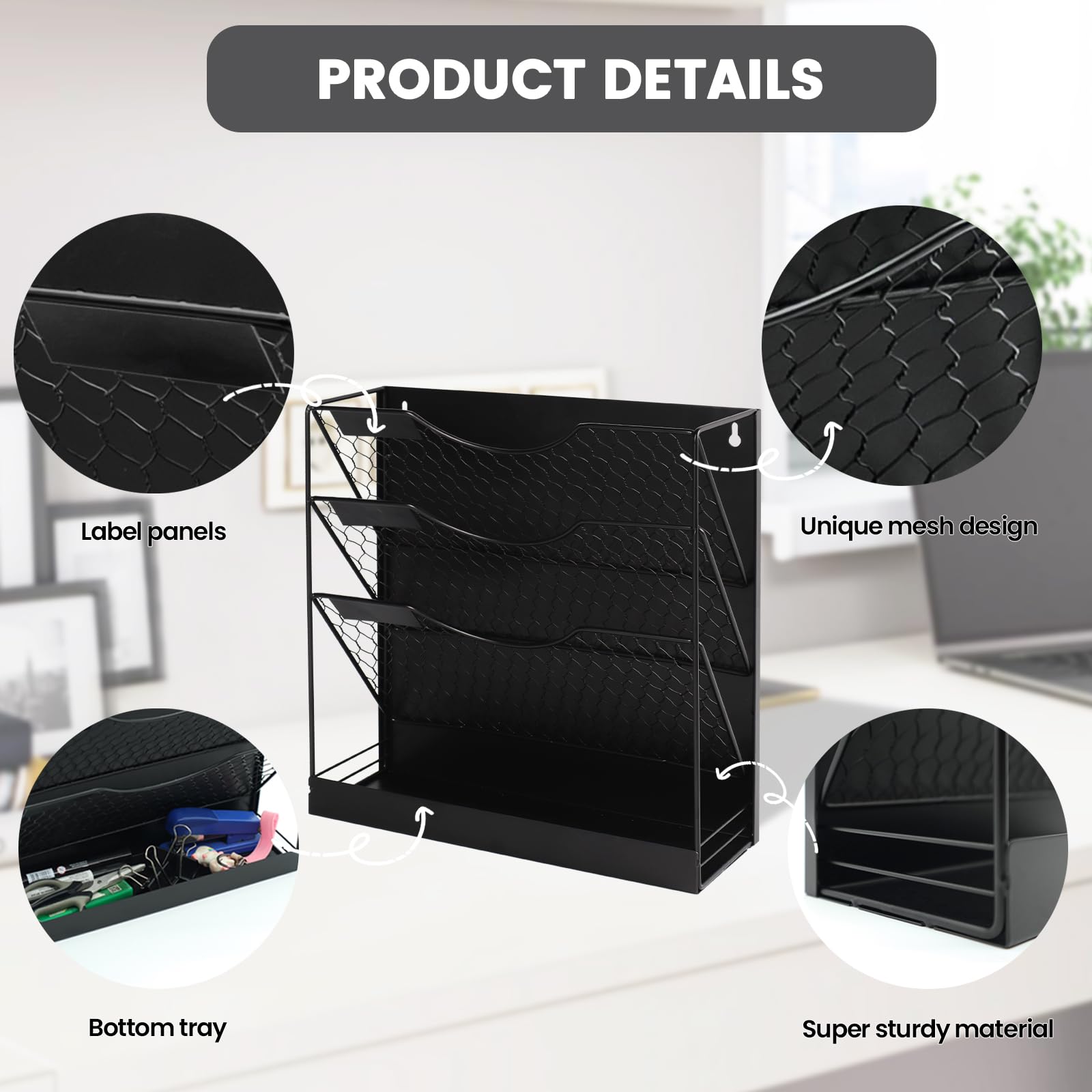 WOMACO 4-Tier Magnetic File Organizer - Large Heavy Duty File Folder Holder for File Cabinet, Wall Mount Paper Mail Organizer for Home & Office - Perfect for Whiteboards, Desks & Workspaces (Black)
