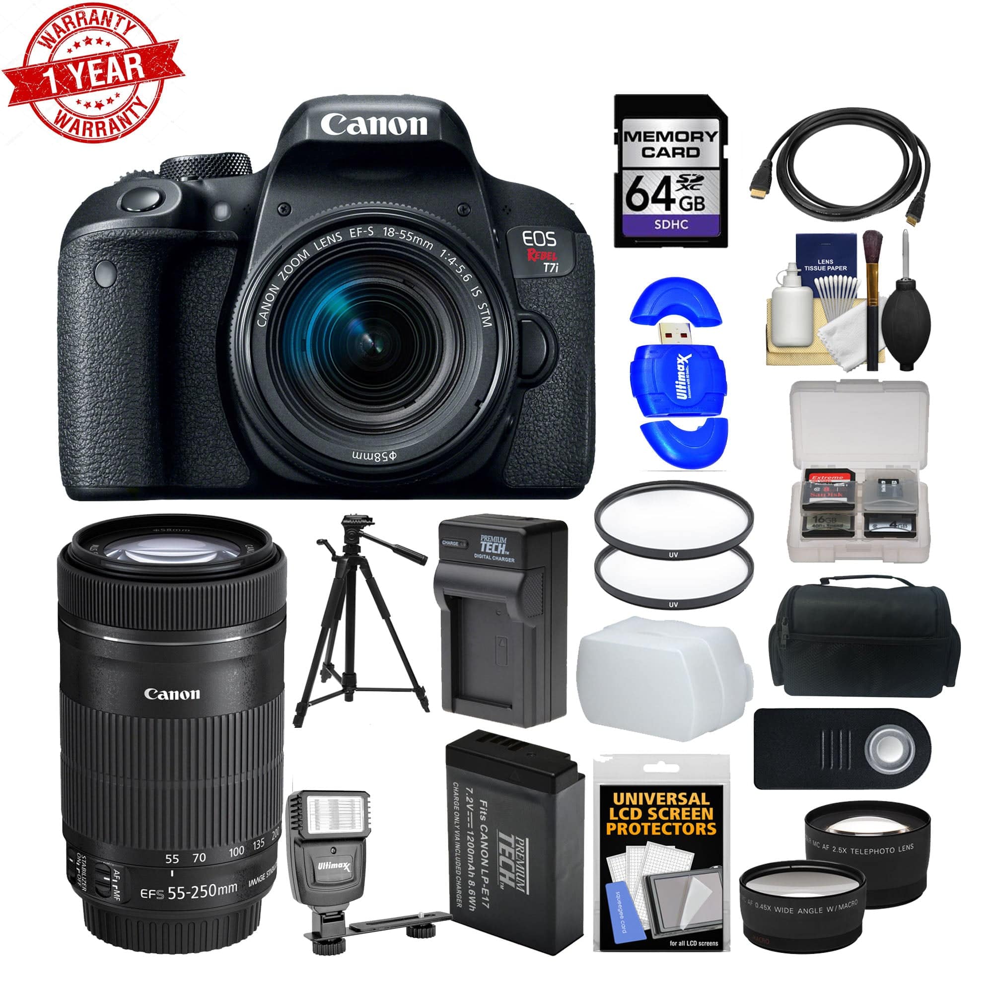 Canon EOS Rebel T7i/800D DSLR Camera Bundle with 18-55mm & 55-250mm IS STM Lenses, 64GB Memory Card, Case, Flash & Tripod - Perfect for Travel Photography, Portrait Shoots & Vlogging