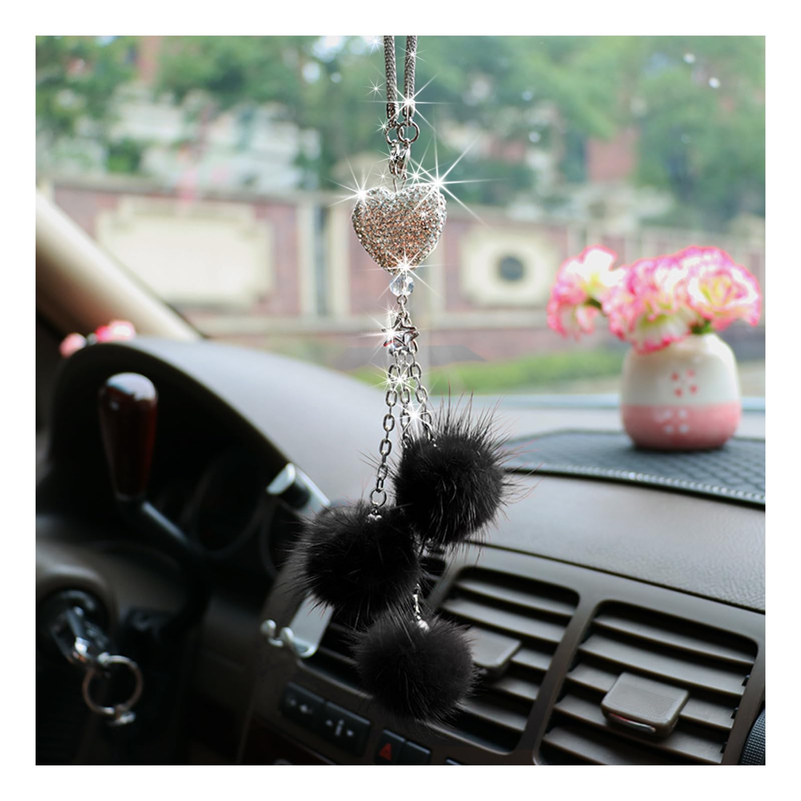 Sparkling Diamond Heart Car Mirror Hanging Ornament - Elegant Love Heart & Pink Plush Ball Charm Pendant for Women (Black) | Car Interior Accessories & Decor for Valentine's Day, Anniversary Gifts, Birthday Presents