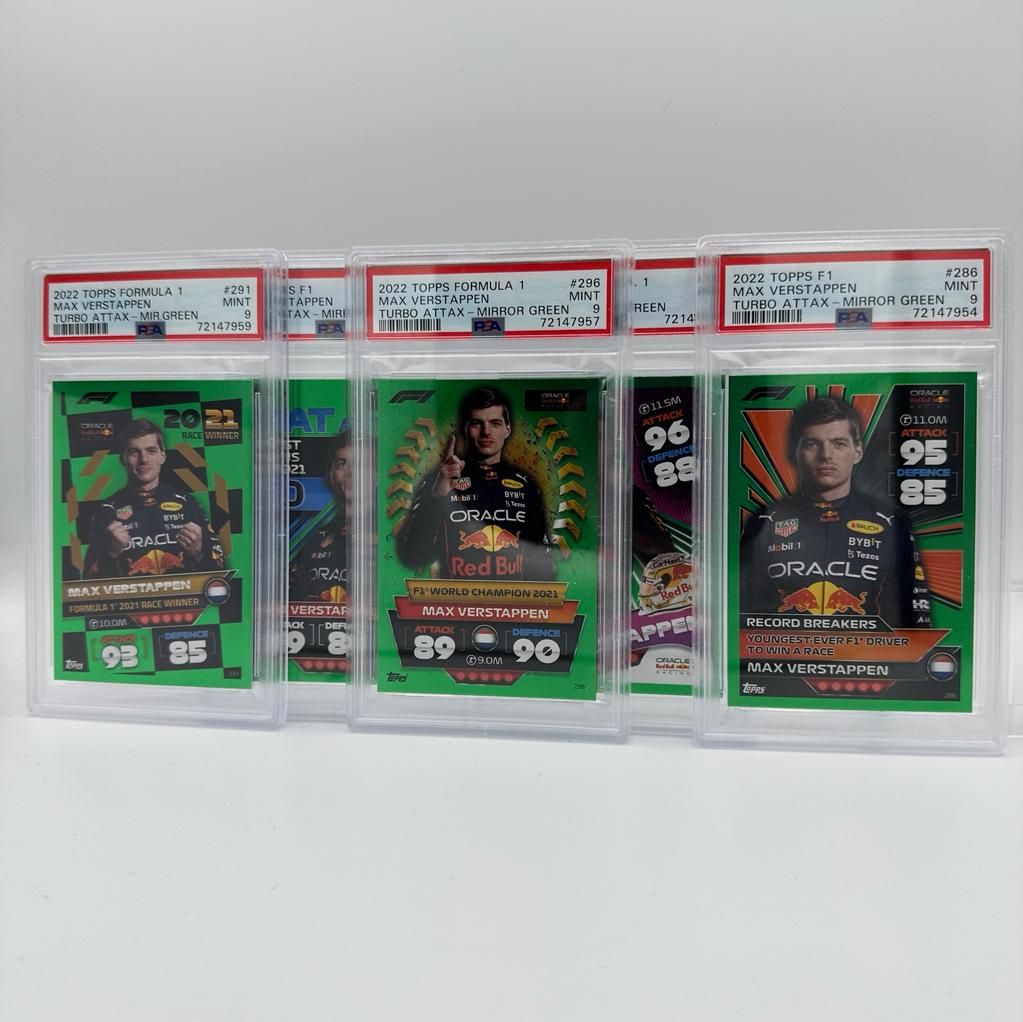 PSA 9 Graded Max Verstappen Turbo Attax 2022 Trading Card Set of 5 Limited Edition /500 - Perfect for F1 Collectors, Sports Memorabilia Enthusiasts & Racing Fans Display