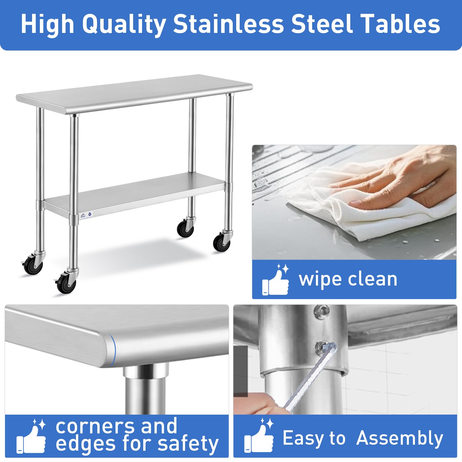 ROCKPOINT 24x30 Inch Stainless Steel Commercial Kitchen Work Table with Adjustable Shelf & Caster Wheels | NSF Certified Heavy Duty Prep Table for Restaurant, Home, Hotel & Food Service Use | Ideal for Food Prep, Cooking & Commercial Kitchen Workstations