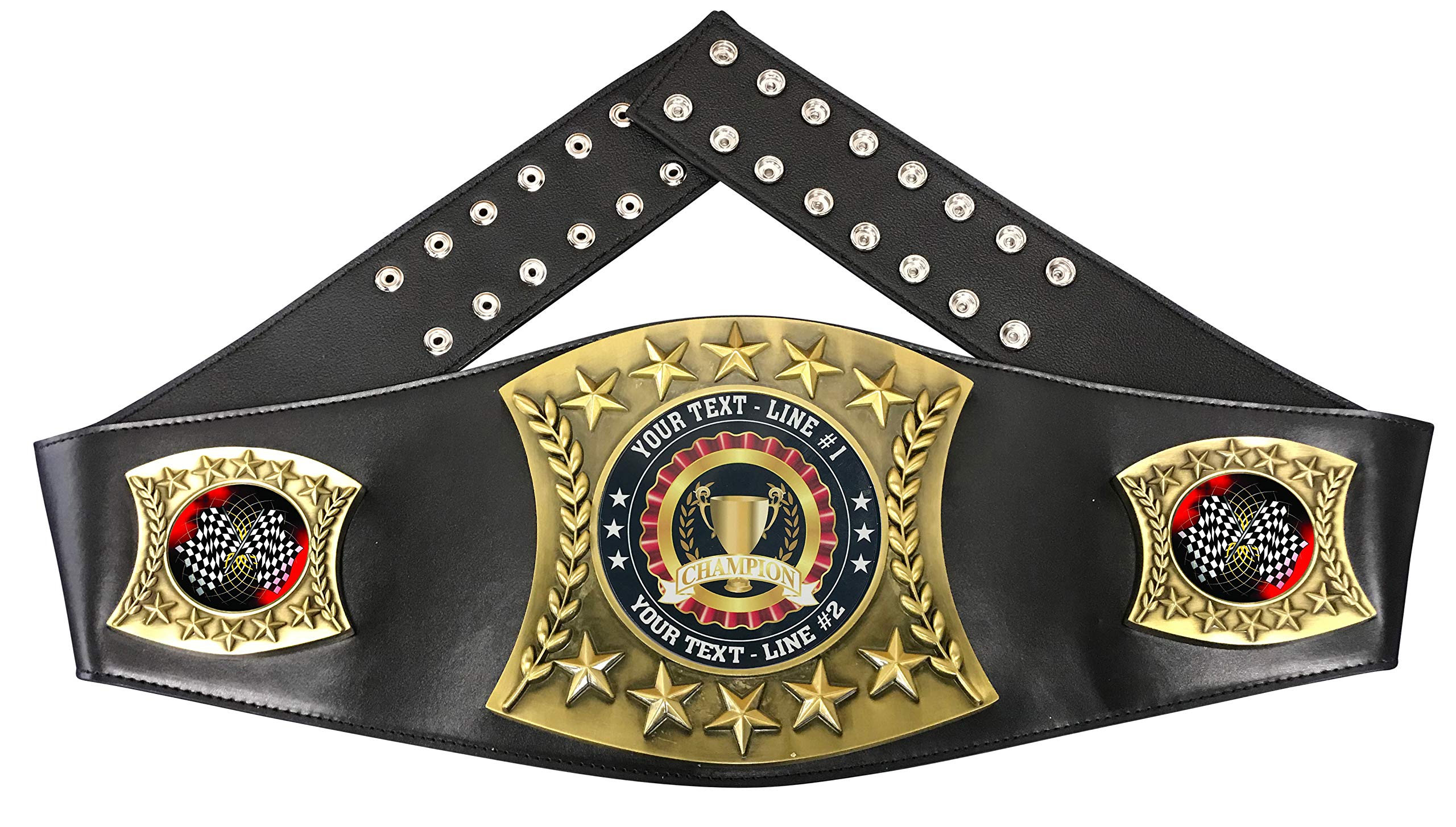 Custom Auto Racing Flags Trophy & Personalized Championship Leather Belt - Express Medals FCL436 - Perfect for Motorsport Awards, Racing Events & Car Enthusiast Gifts