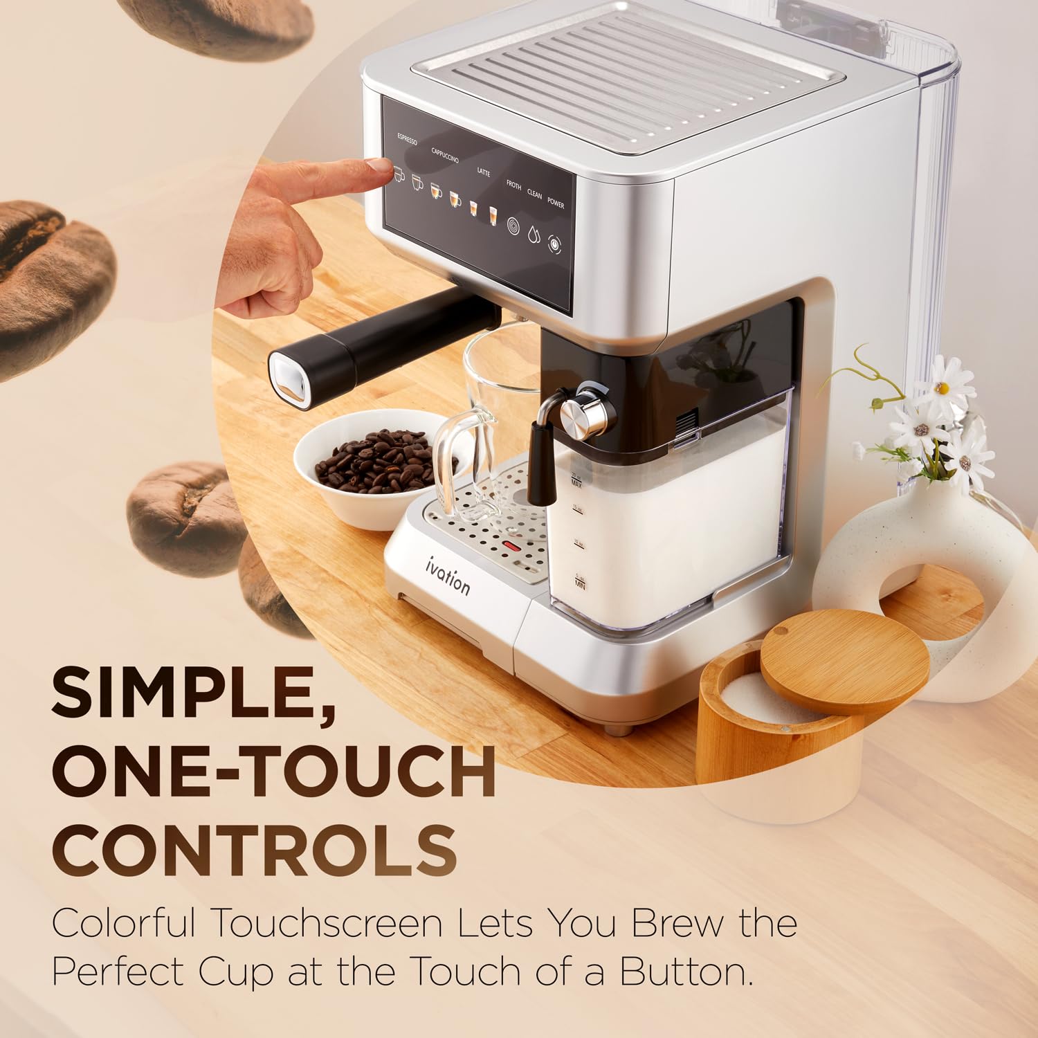 Ivation 58mm Espresso & Cappuccino Machine with Milk Frother - Home Coffee Maker for Single & Double Shots - Makes Espresso, Latte, Cappuccino - Auto Clean & Descale Feature - Detachable Milk Reservoir - Perfect for Home Baristas & Coffee Lovers