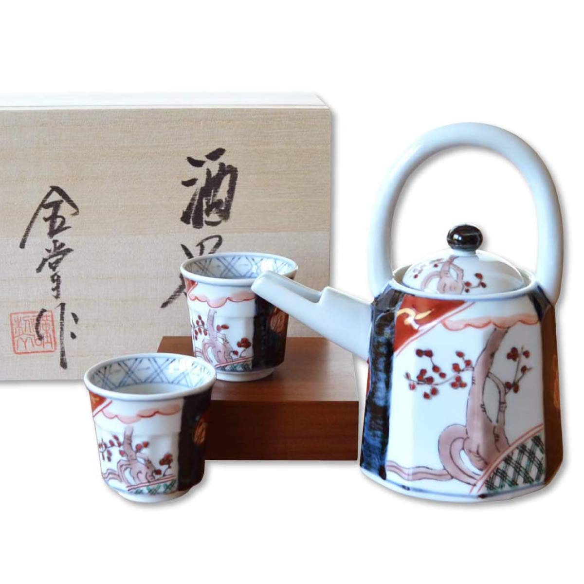 Premium Japanese Sake Set - 3-Piece Ceramic Arita Ware with Tokkuri Bottle & 2 Cups (KOIMARI) in Elegant Wooden Box - Authentic Japanese Dinnerware for Sake Tasting, Gifts & Home Decor
