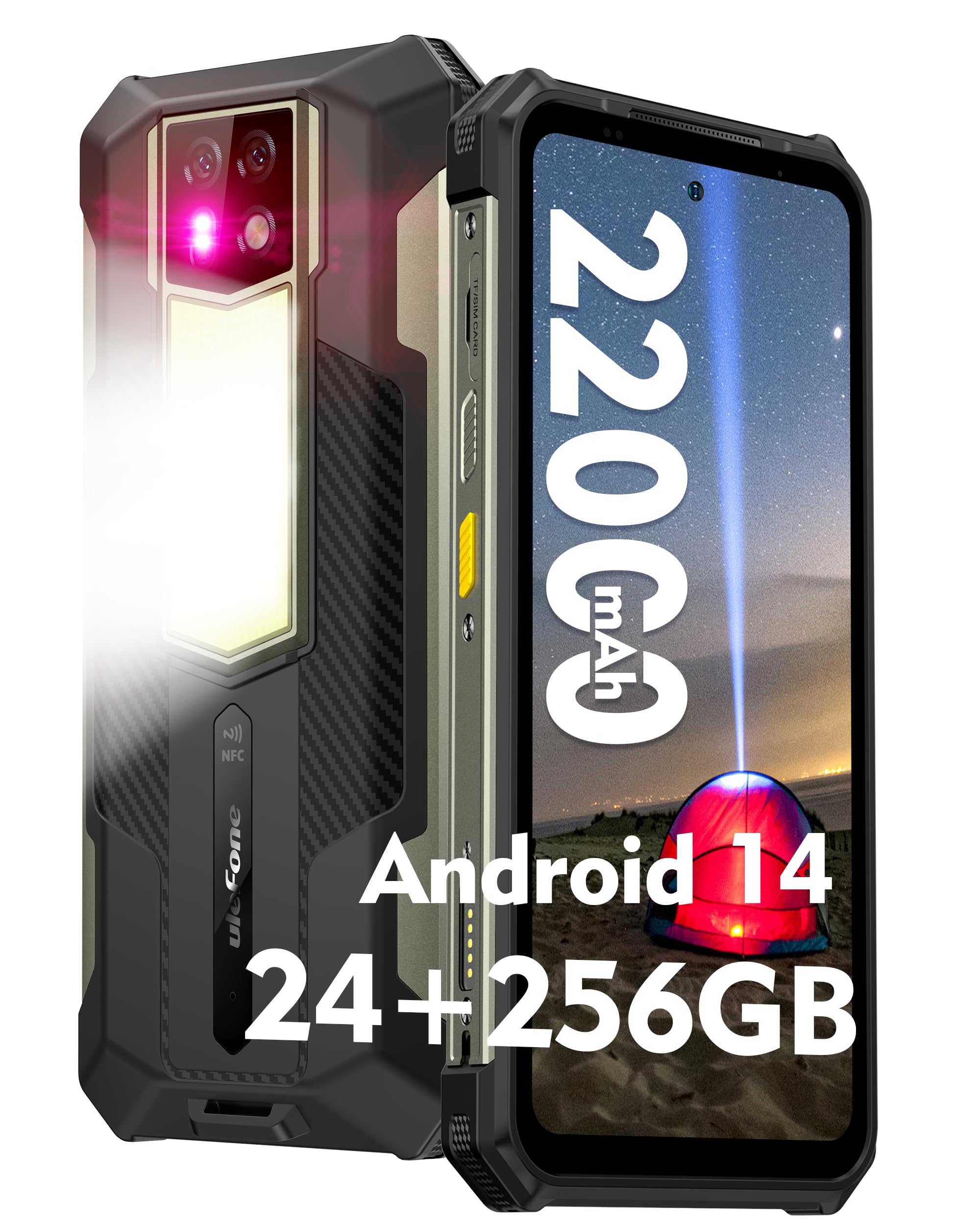 Ulefone Armor 24 Rugged Smartphone - Android 14, 22000mAh Battery, 1000Lumens Camp Light, 24+256GB Storage, 64MP Dual Cameras, 6.78” Display, NFC/GPS/Face Unlock, 4G LTE Unlocked - Perfect for Outdoor Adventures, Camping & Extreme Conditions