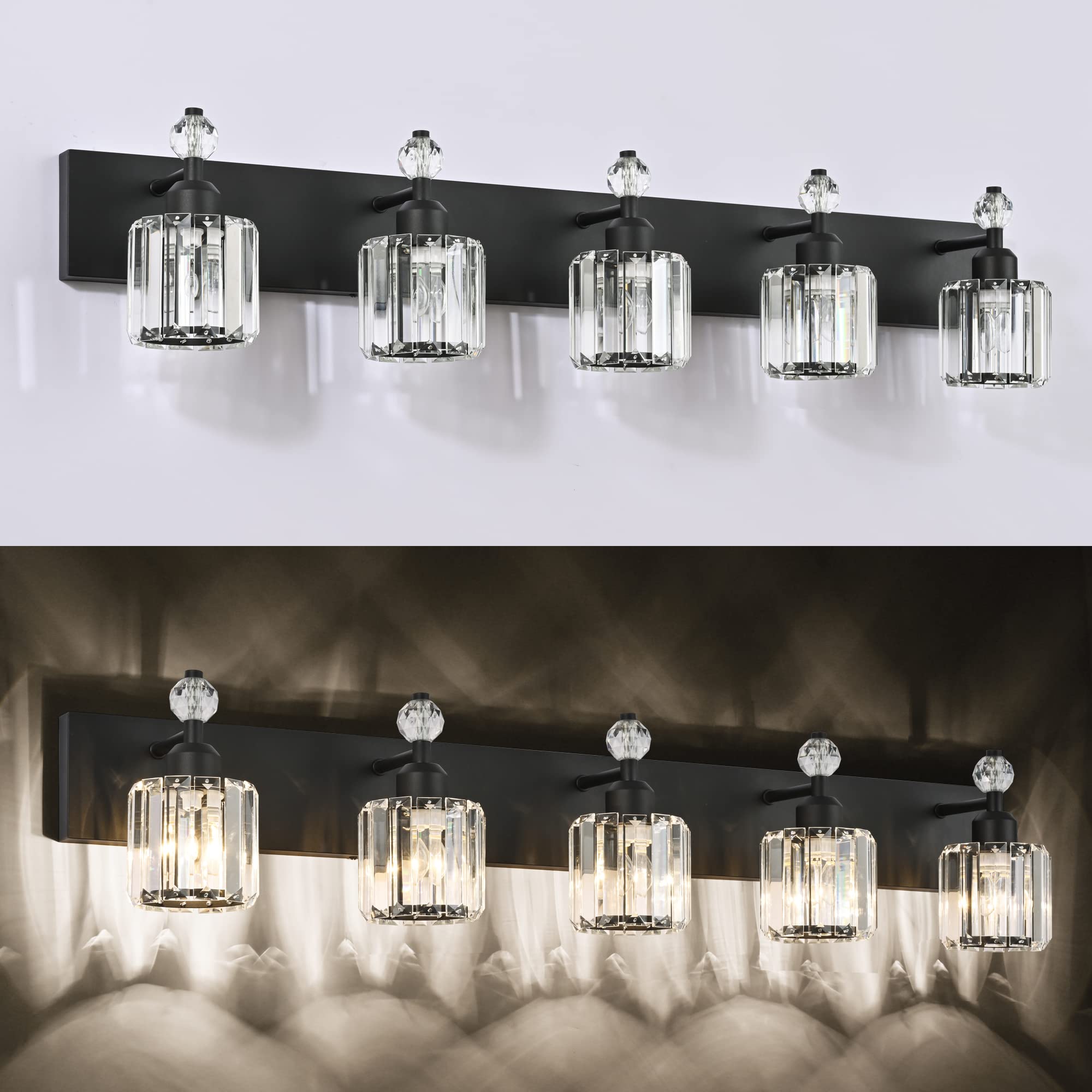 Modern Black Crystal Bathroom Vanity Light Fixture - 5-Light Wall Sconce for Mirror Lighting, Elegant Bathroom Decor (Perfect for Master Bath, Powder Room, and Spa-Style Vanity Areas)