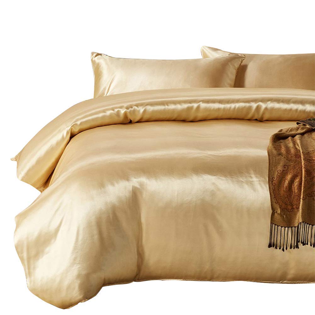 Luxury Twin XL Comforter Set - 7 Piece Satin Bedding Set with 600 GSM Gold Duvet Insert, Flat Sheet, Fitted Sheet (19