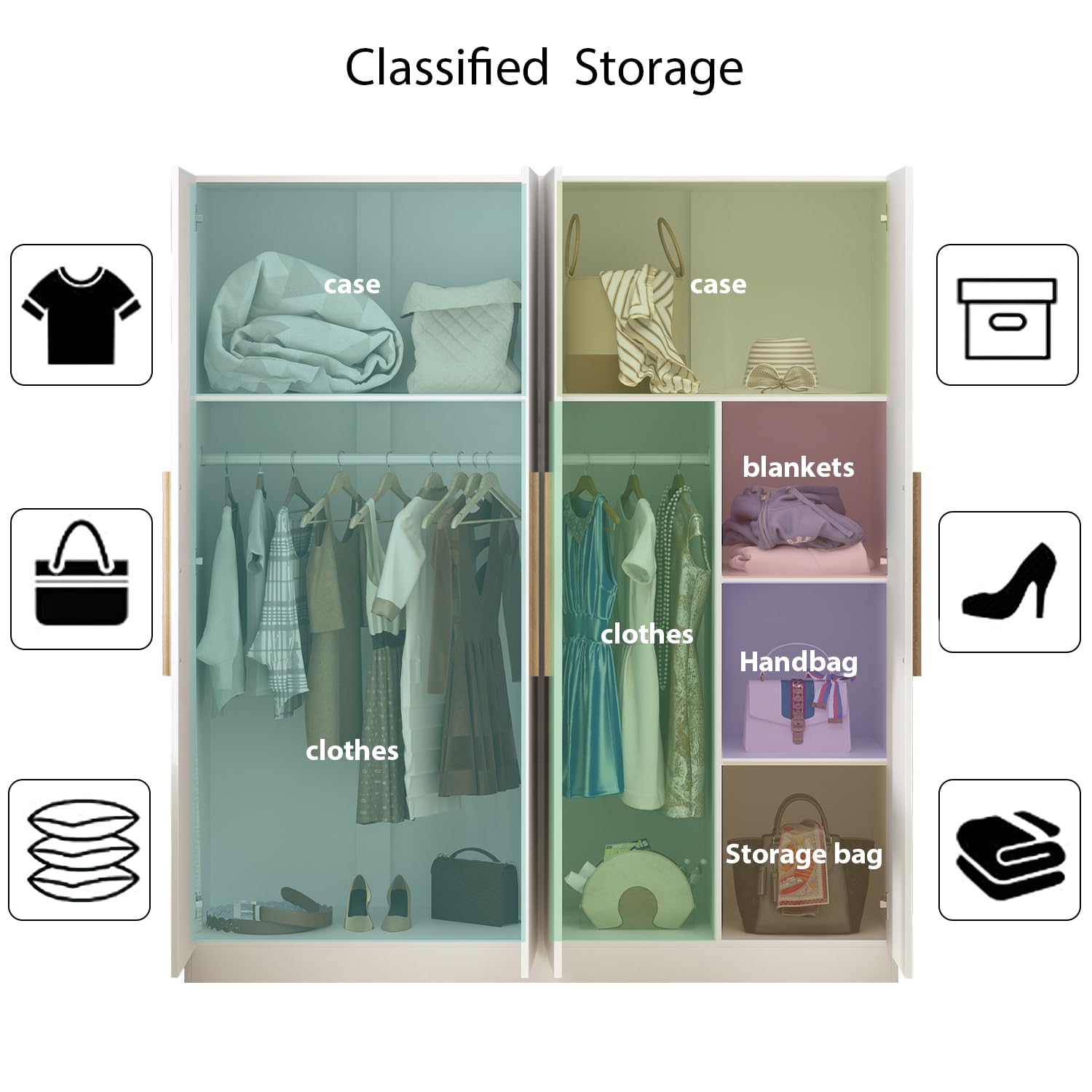 AIEGLE 4-Door Freestanding Wardrobe Armoire Closet with Shelves & 3 Hanging Rods - 63