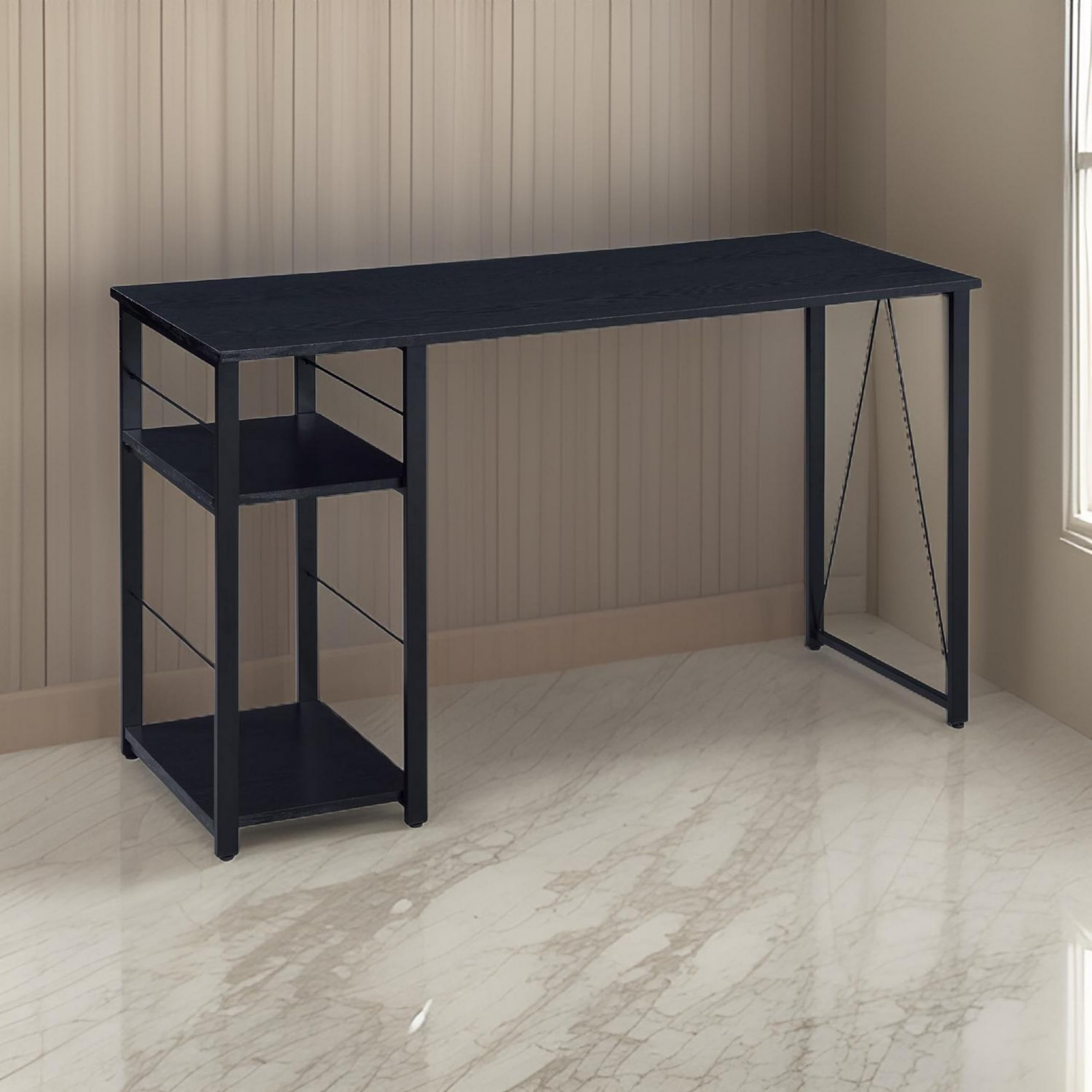 Benjara Modern Writing Desk with 2-Tier Side Shelves & Sturdy Tubular Metal Legs - Brown & Black Home Office Furniture for Small Spaces | Perfect for Remote Work, Study & Crafting