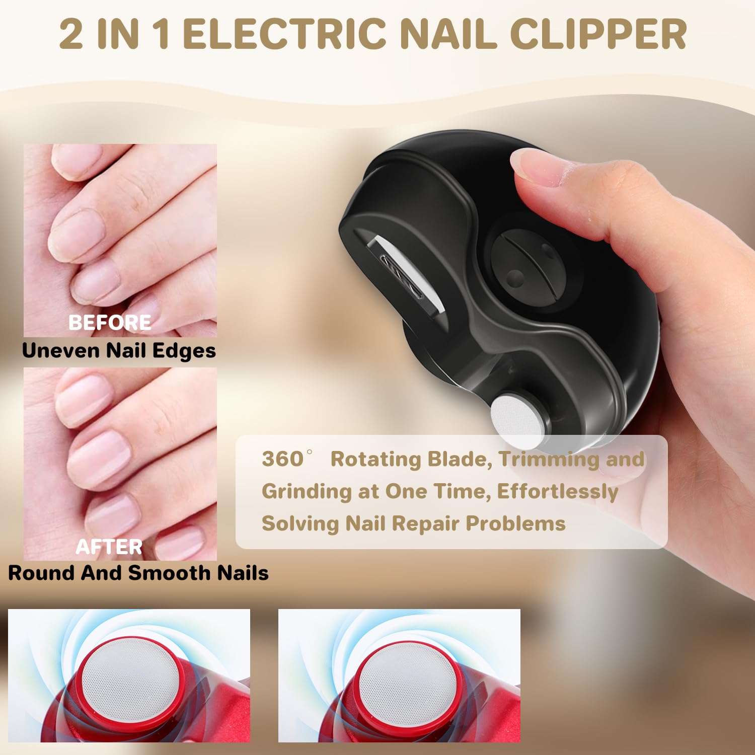 2 in 1 Electric Nail Clipper & Polisher - Automatic Nail Trimmer with 2 Adjustable Speeds for Seniors, Kids & Adults - Perfect for Home, Travel & Salon Use (Black)