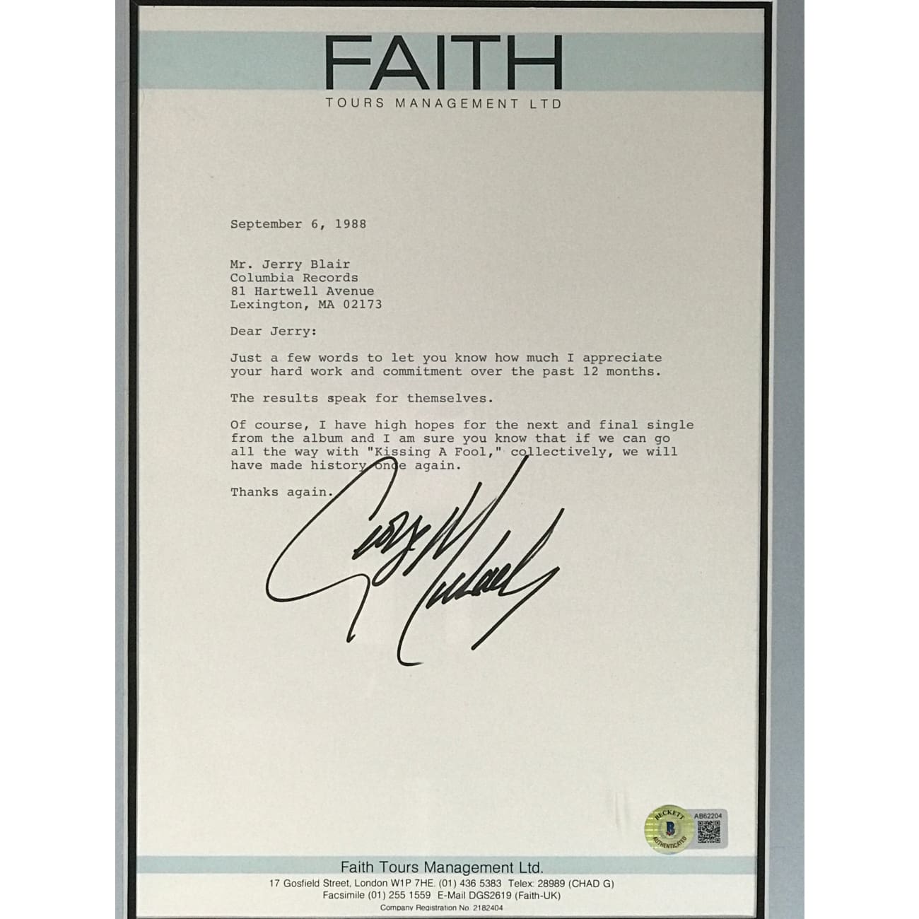 George Michael Signed 1988 Faith Album Letter with BAS LOA - Rare Music Memorabilia for Collectors & Fans - Perfect for Display in Home, Office, or Music Room