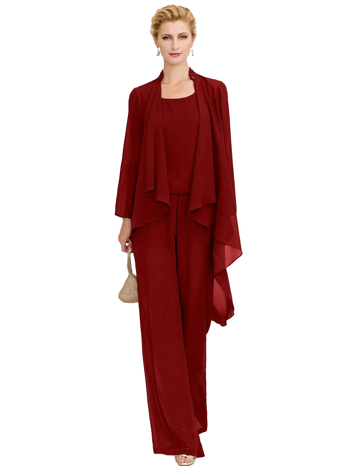 Elegant Women's Chiffon Mother of The Bride Dress Pant Suit Set - 3-Piece Beaded Formal Wedding Outfit with Jacket | Perfect for Weddings, Receptions & Special Occasions