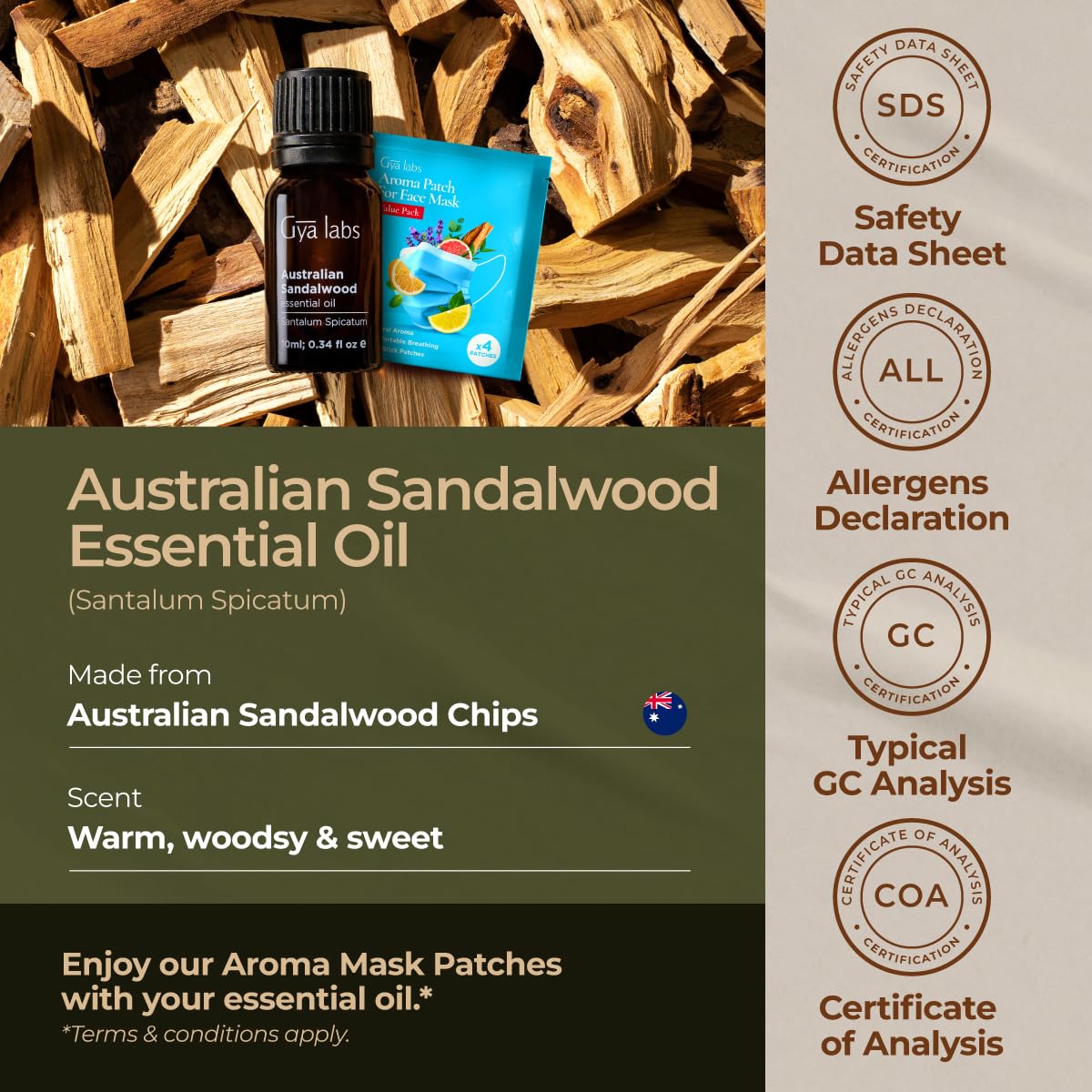 Gya Labs 100% Pure Australian Sandalwood Essential Oil - 0.34 Fl Oz Natural Aromatherapy Oil for Skin, Hair & Diffusers - Warm Woodsy Scent for Relaxation, Meditation & Candle Making