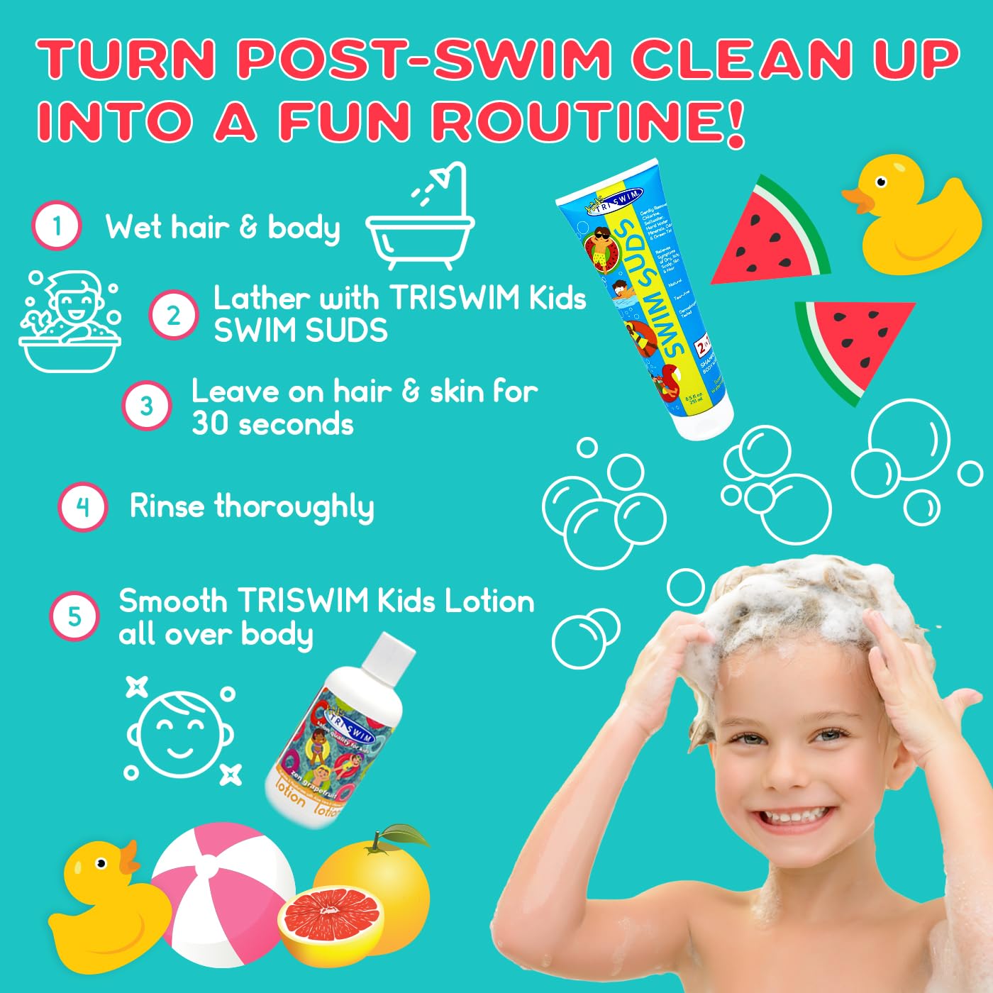 TRISWIM Kids Swim Shampoo & Lotion Set - 8.5 fl oz Tear-Free 2-in-1 Chlorine Removal Body Wash & Hydrating Moisturizer | Gentle Post-Swim Care for Kids | Pool, Beach & Swim Team Use