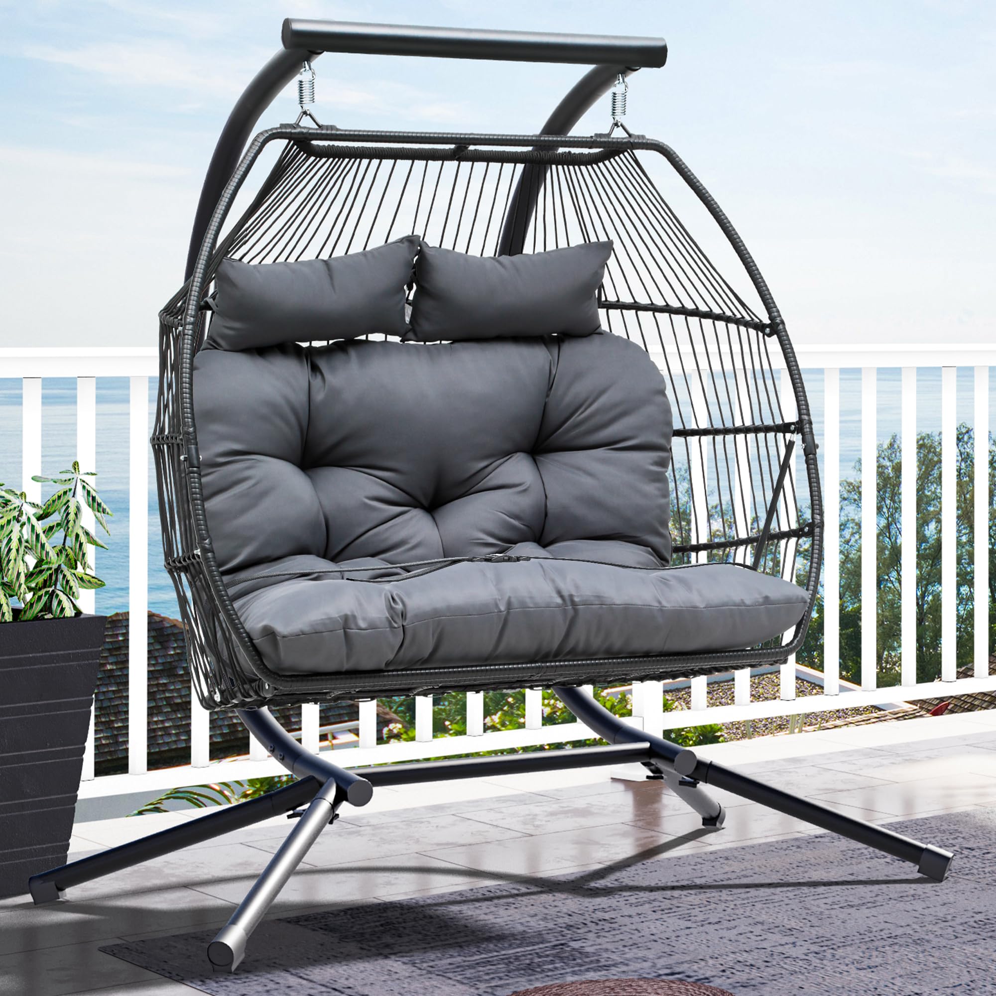 YITAHOME Hanging Egg Swing Chair with Stand - 550lbs Capacity Wicker Egg Chair for Indoor & Outdoor Use - Includes Cushions & Stand - Perfect for Patio, Garden, Balcony, Bedroom - Dark Gray | Relaxation & Boho Home Decor