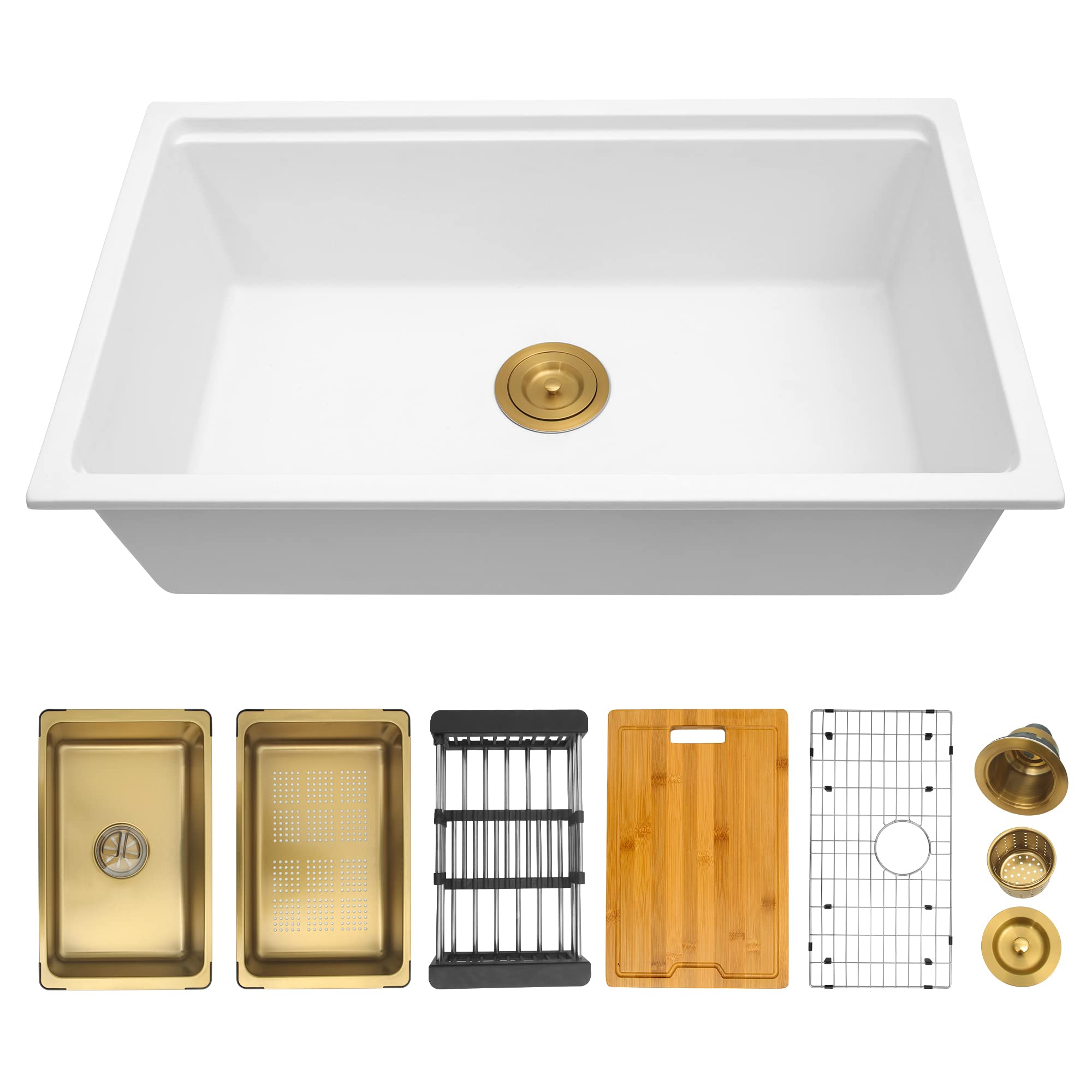 Premium Undermount Kitchen Sink - 30x18 Inch Deep Single Bowl Workstation Sink in White | Durable Stone Composite Material | Perfect for Meal Prep, Dishwashing & Modern Kitchen Renovations