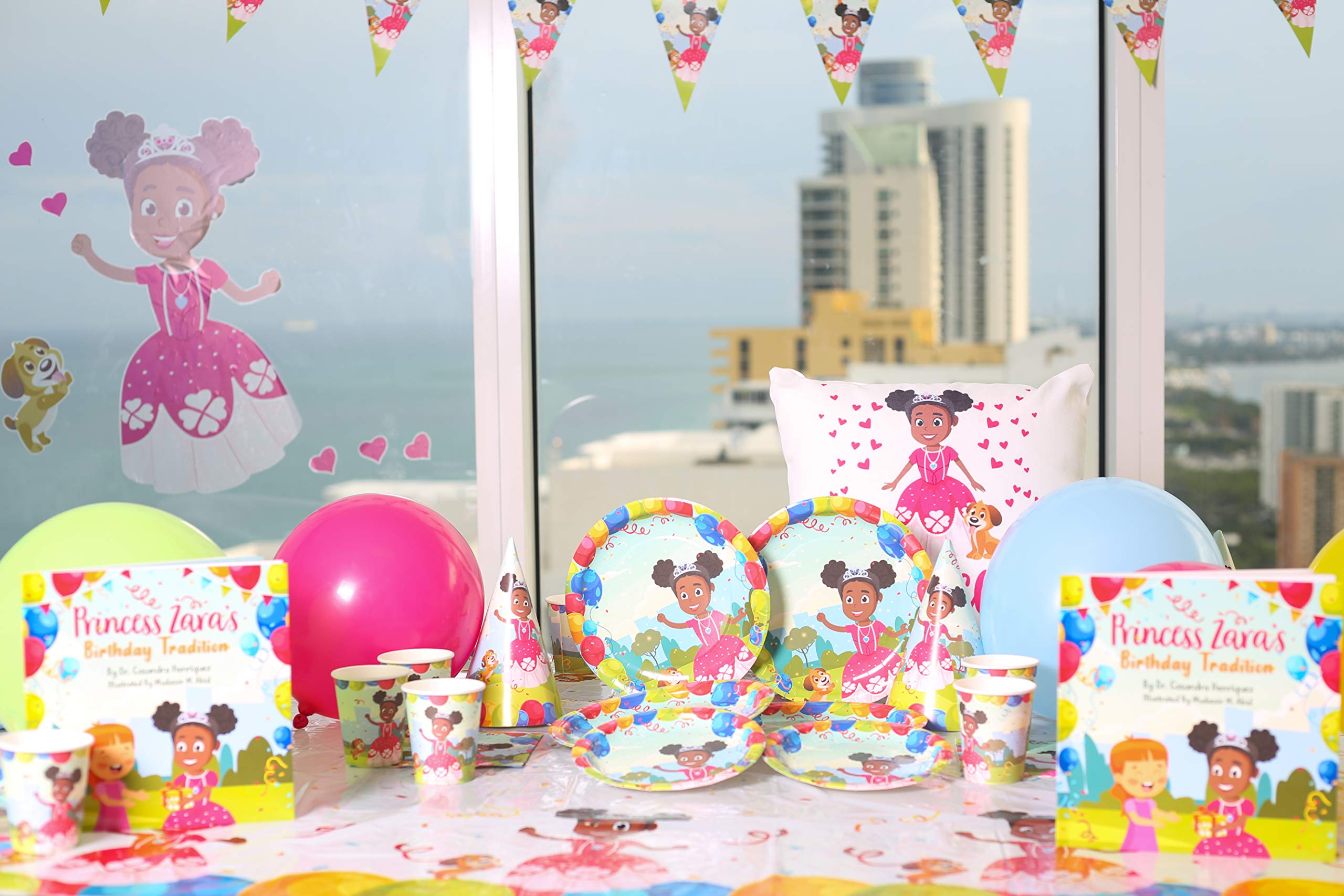 Princess Zara & Ziggy Birthday Party Supplies Set - 16-Piece Tableware Kit with Disposable Plates, Cups, Napkins, Tablecloth, Banner & Bonus Balloons - Perfect for Princess Themed Birthday Celebrations & Kids' Parties