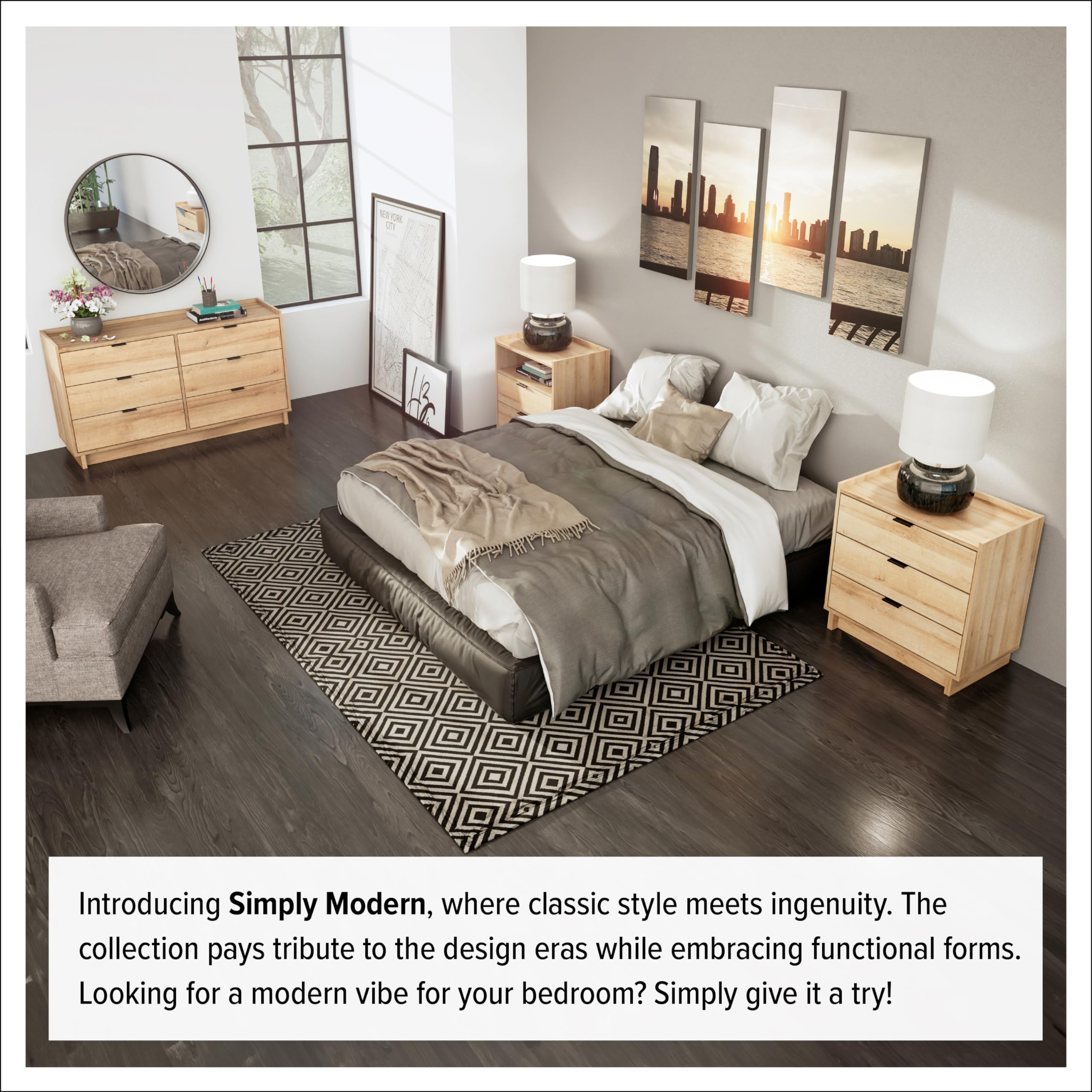 Prepac Simply Modern 6-Drawer Double Dresser - Oak Finish, 52.5