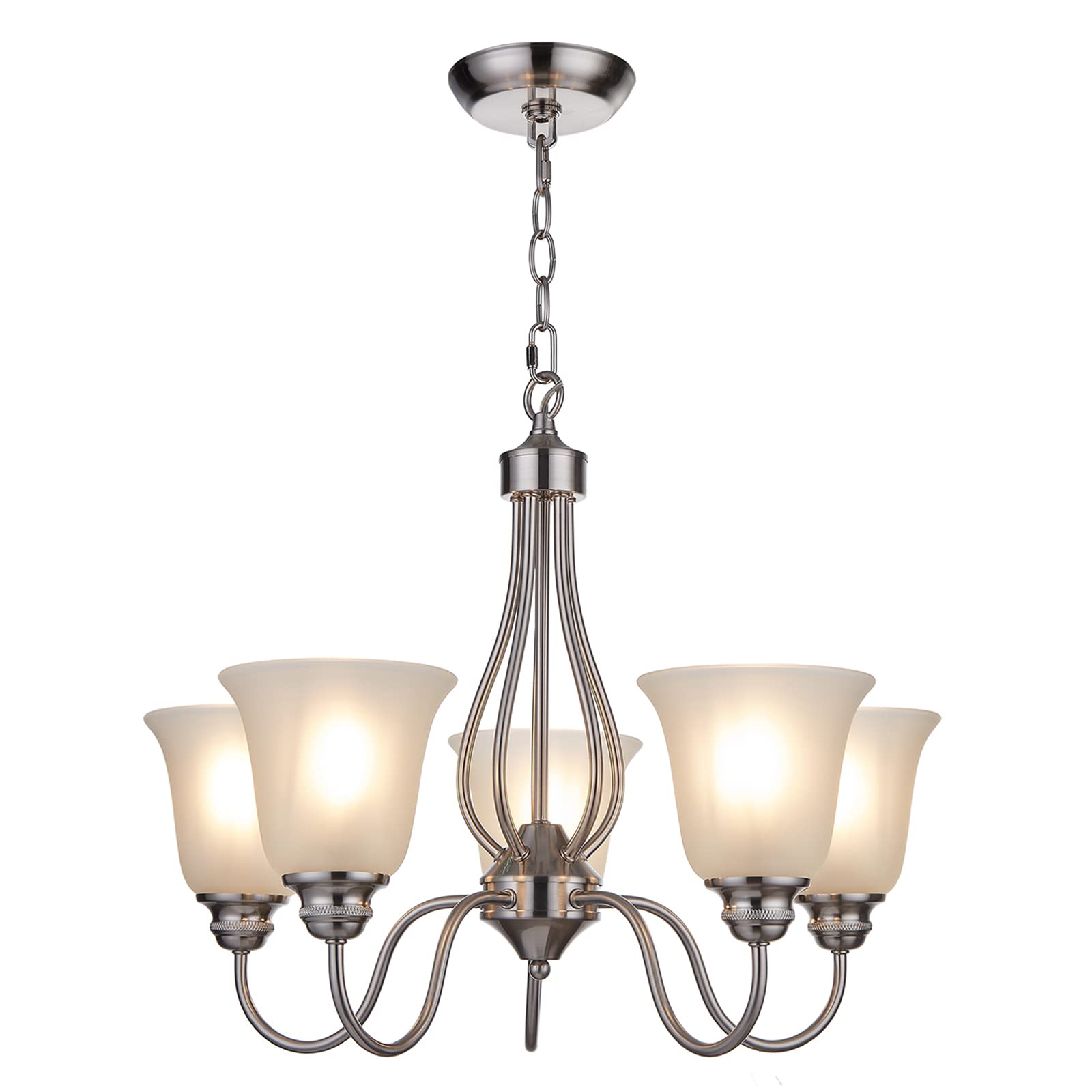5-Light Brushed Nickel Chandelier - Classic Frosted Glass Ceiling Light Fixture for Dining Room, Living Room, Meeting Room & Corridor - LED Compatible (Bulbs Not Included) - Perfect for Home Decor, Wedding Venues & Restaurant Lighting