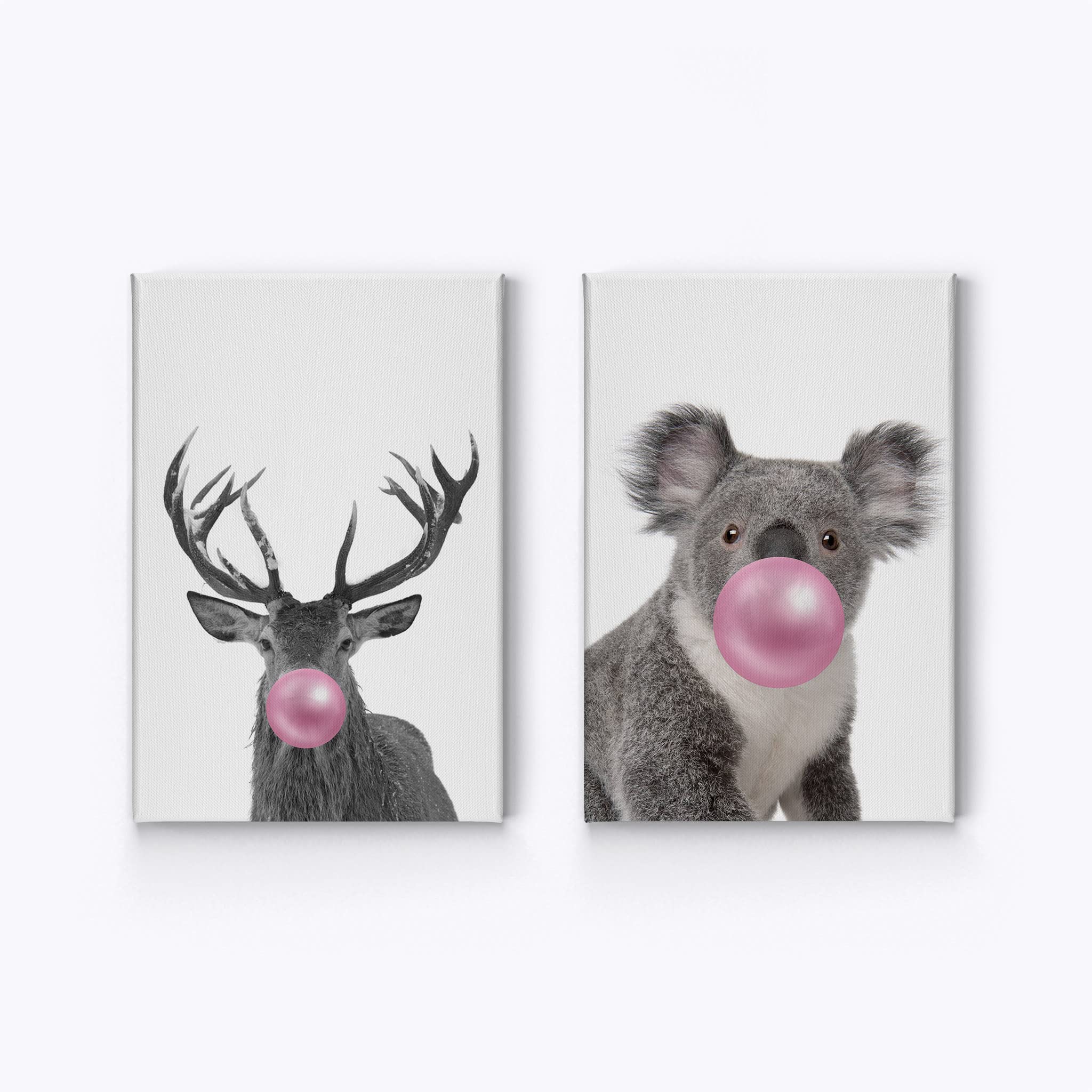 Smile Art Design Reindeer and Koala Animal Bubble Gum Canvas Print Set - Pink Gum Black & White Wall Art for Baby Nursery, Kids Room Decor (2 Panels, 28x19 Inches, Ready to Hang, Made in USA) - Perfect for Children's Bedrooms, Playrooms, and Gender-Neutral Nursery Themes