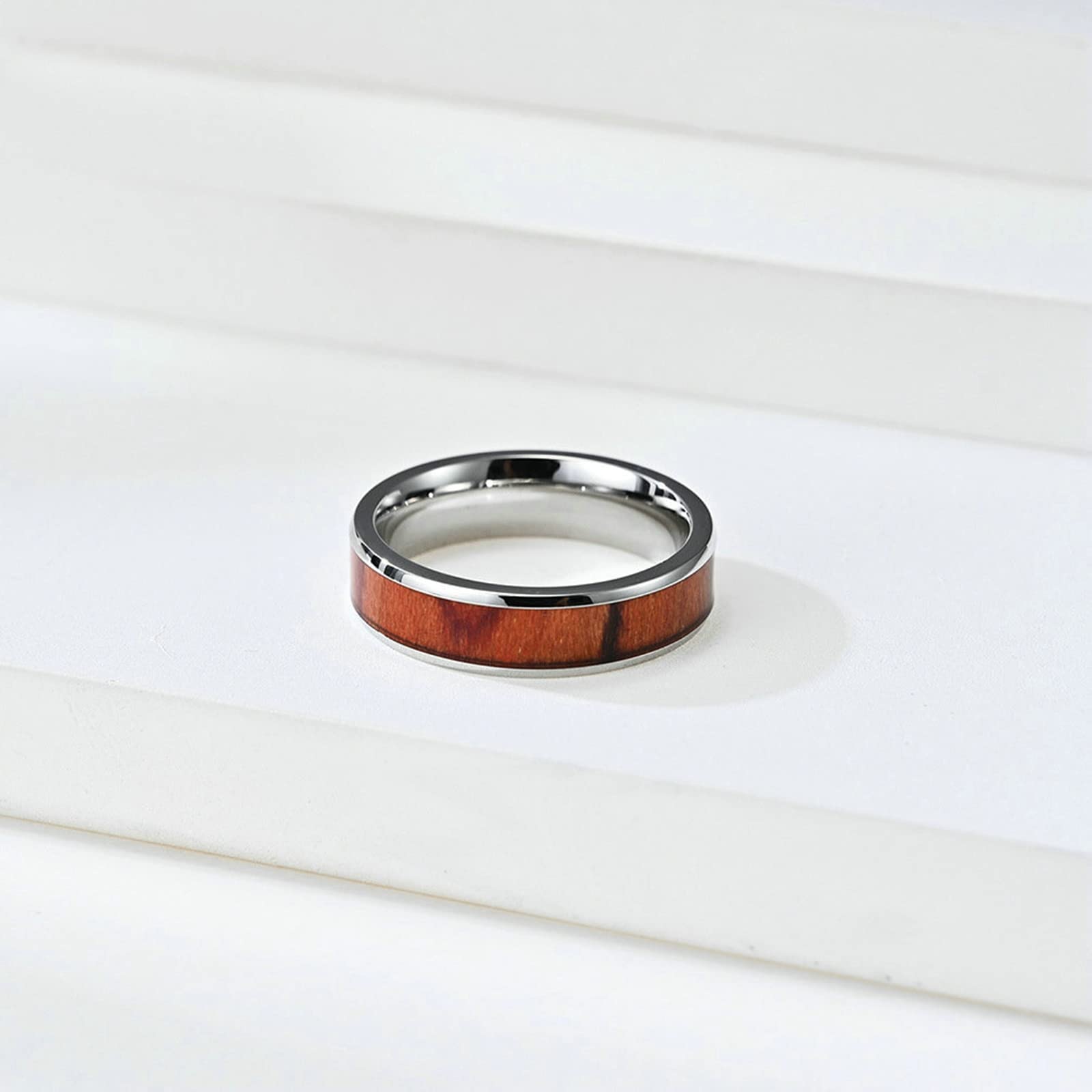 Bishilin Men's Engagement Ring - Stainless Steel Wedding Band with Wood Inlay (4-8MM Width) - Durable Silver Ring for Him - Perfect for Proposals, Anniversaries & Everyday Wear