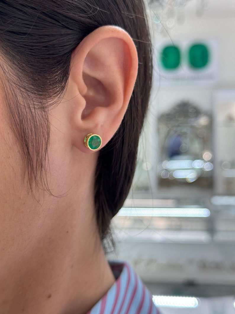 2.14tcw 18K Gold Round Cut Vivid Rich Green Bezel Set Emerald Stud Earrings for Women - Perfect for Weddings, Parties & Special Occasions