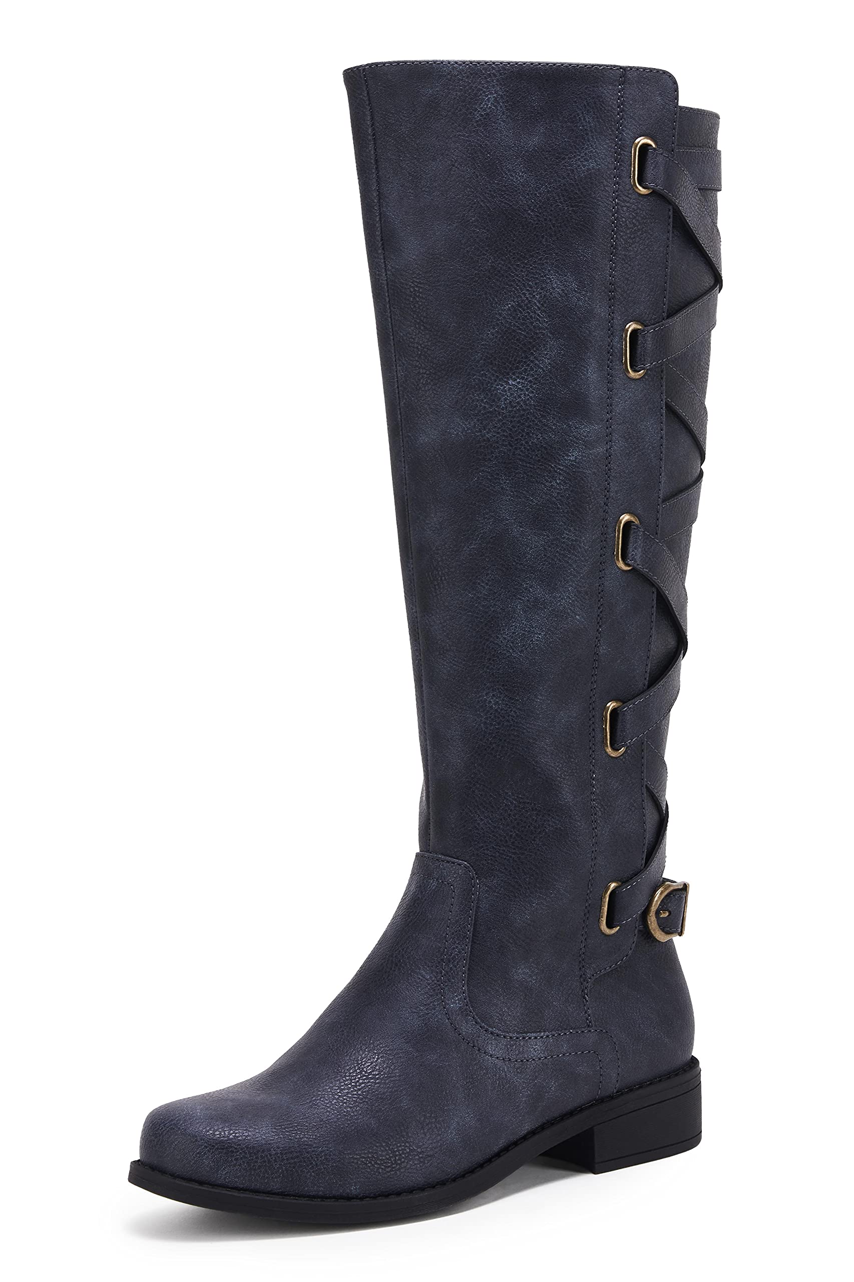 Coutgo Women's Knee High Motorcycle Boots - Flat Heel Lace Up Combat Boots for Winter Riding & Fashion | Strappy Design for Casual & Outdoor Wear