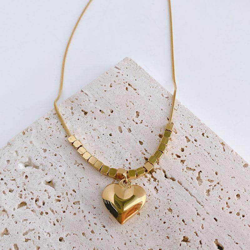 2-Way Heart Pendant Gold Cube Layering Necklace for Women - Elegant Minimalist Jewelry Gift for Valentine's Day, Anniversary & Everyday Wear | R2108
