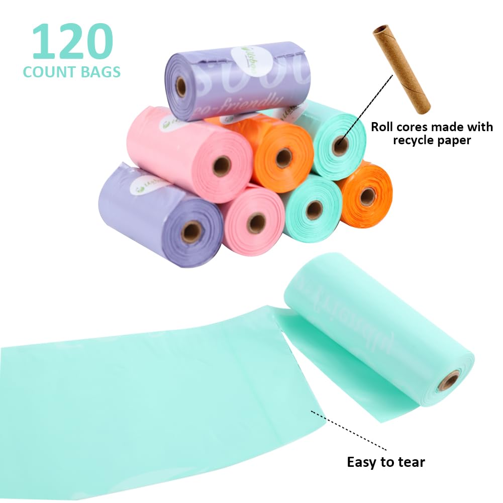 Disposable Diaper Bags for Baby - 8 Refill Rolls (120 Bags) with Dispenser | Convenient & Quick Diaper Disposal | Leak-Proof Poop Bags | Rainbow Colors | Perfect for Diaper Changes, Travel & On-the-Go Parents