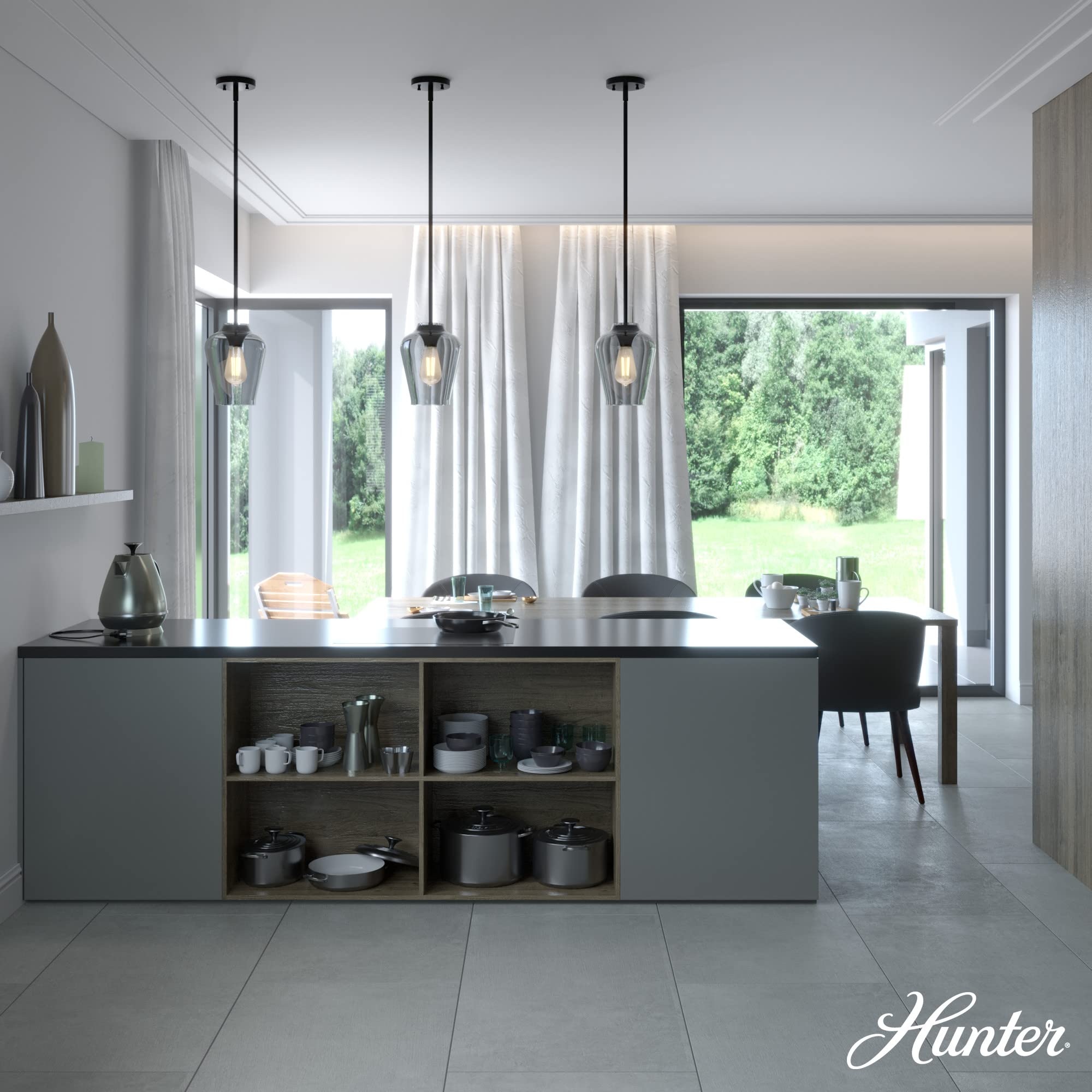 Hunter Fan Company 19724 Vidria Modern Pendant Light Fixture - Matte Black Finish for Kitchen Island, Dining Room & Bedroom Lighting