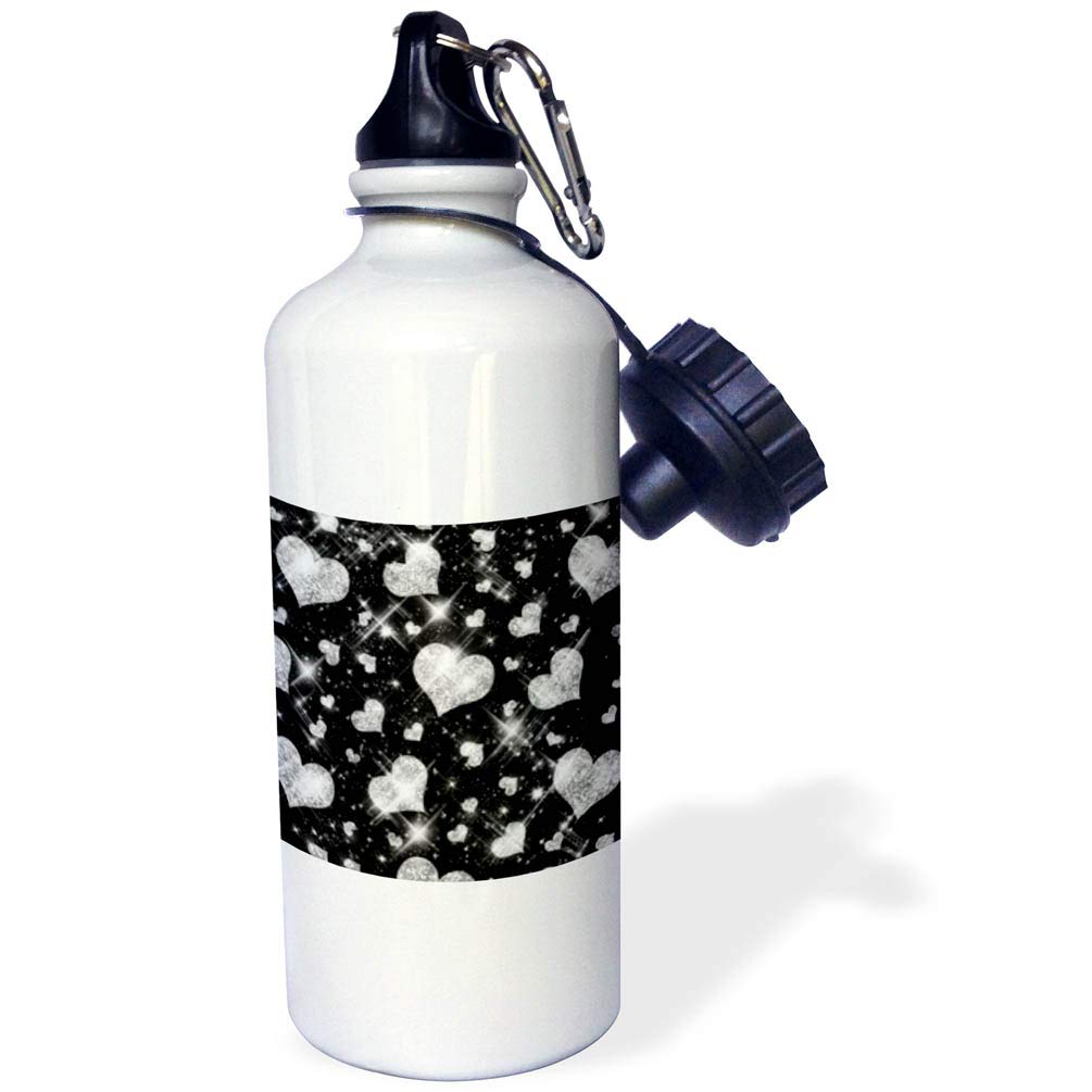 3D Rose Glitter Hearts Silver Sports Water Bottle - 21 oz Insulated Stainless Steel Thermos for Gym, Hiking & Outdoor Activities - BPA Free White Water Bottle with Leakproof Lid