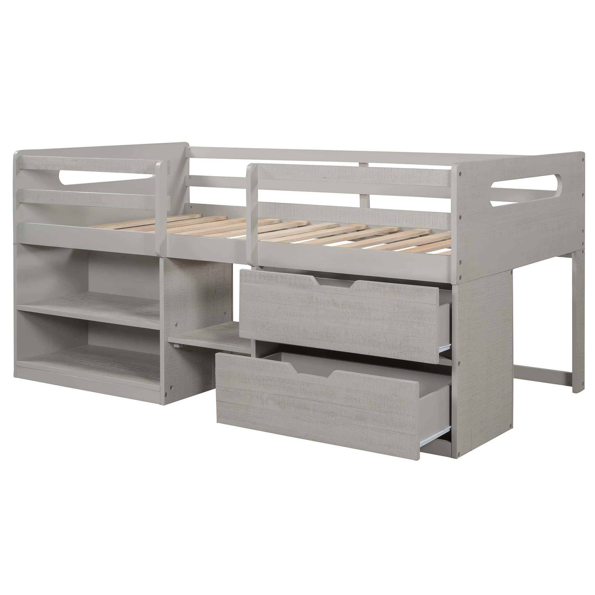 Low Loft Bed with Storage - Twin Size Wooden Loft Bed for Kids & Teens - Space Saving for Small Rooms (Antique Grey)