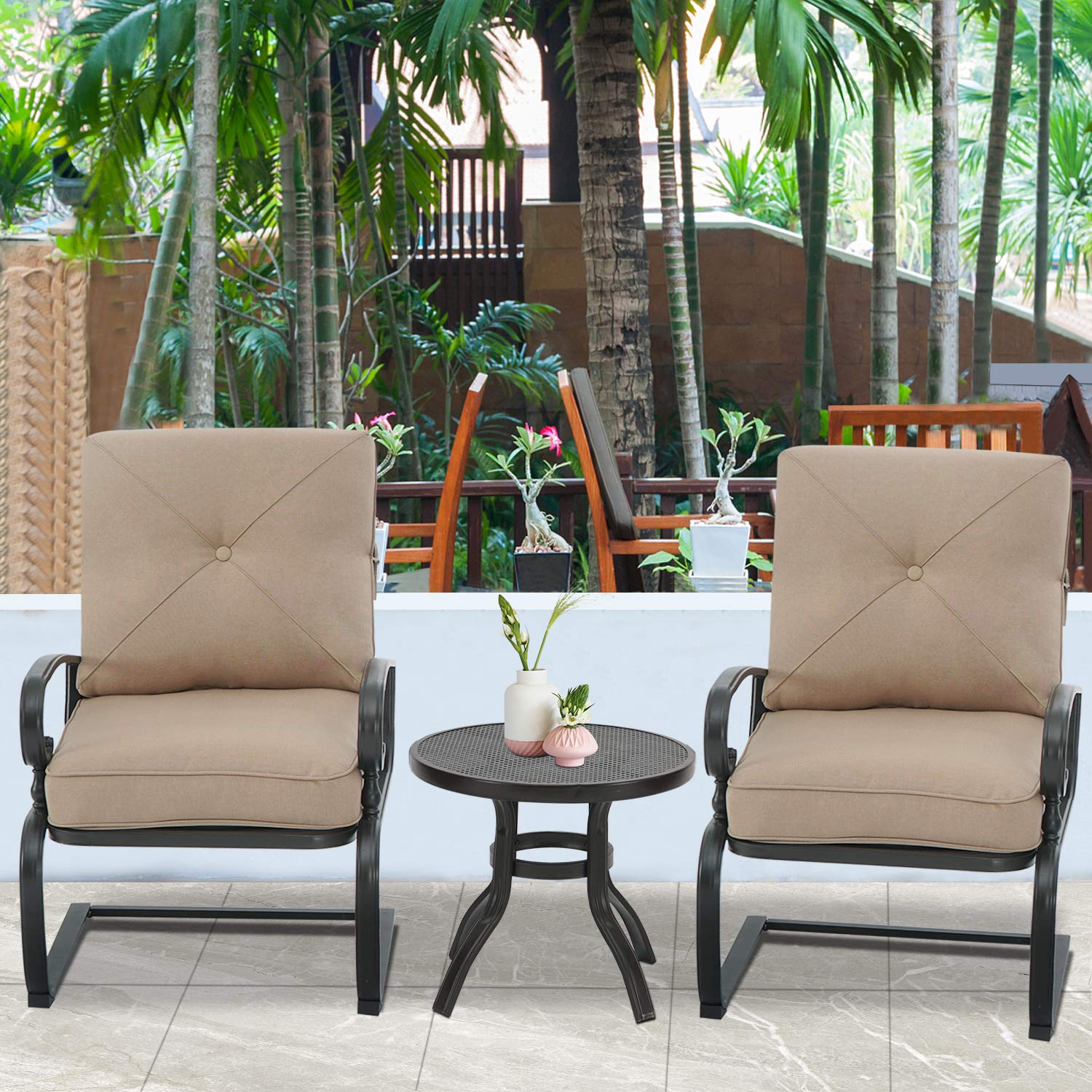 3 Piece Outdoor Bistro Set - Spring Metal Lounge Chairs & Round Table - Wrought Iron Patio Furniture in Brown - Perfect for Garden, Balcony, and Backyard Relaxation