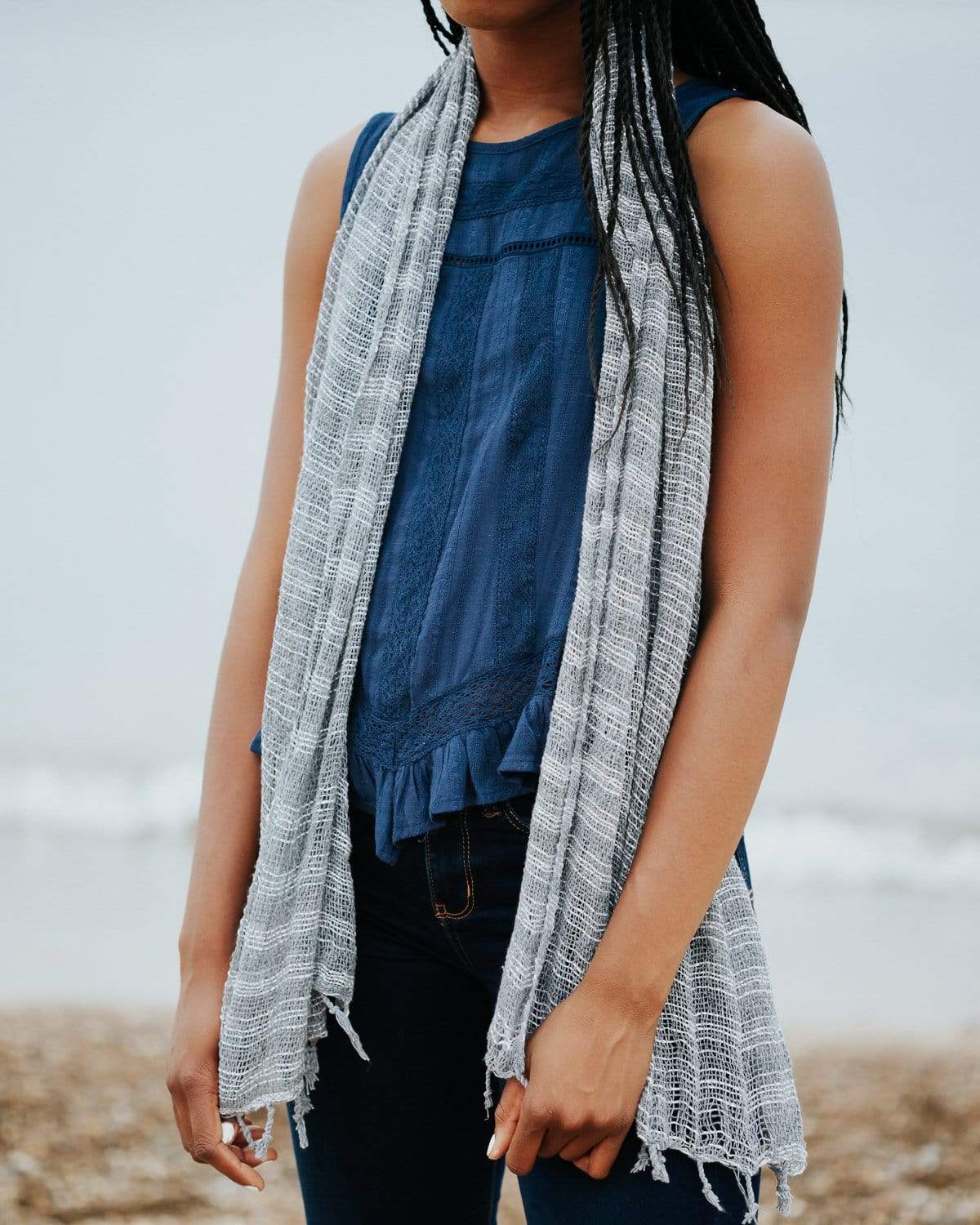Soft Gray Striped Cotton Scarf for Women & Men - Lightweight Winter Fashion Accessory - Perfect for Cold Weather, Office, Travel & Gift Giving