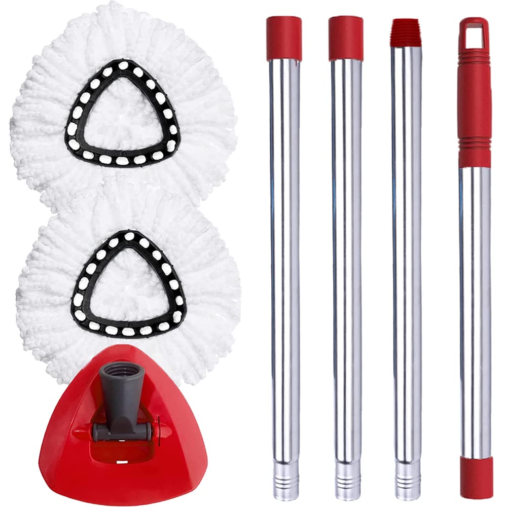 O-Ceda EasyWring Spin Mop Replacement Parts Set - 2 Microfiber Mop Refills, Triangle Mop Head Cover & Adjustable 30-58 Inch Handle - Compatible with Spin Mop Bucket System (White) - Perfect for Hardwood Floors, Tile & Kitchen Cleaning